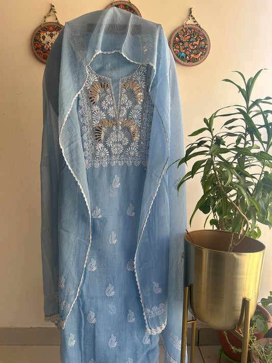 Lucknowi Chikankari Kota Doria Suit Set with Mukaish Work