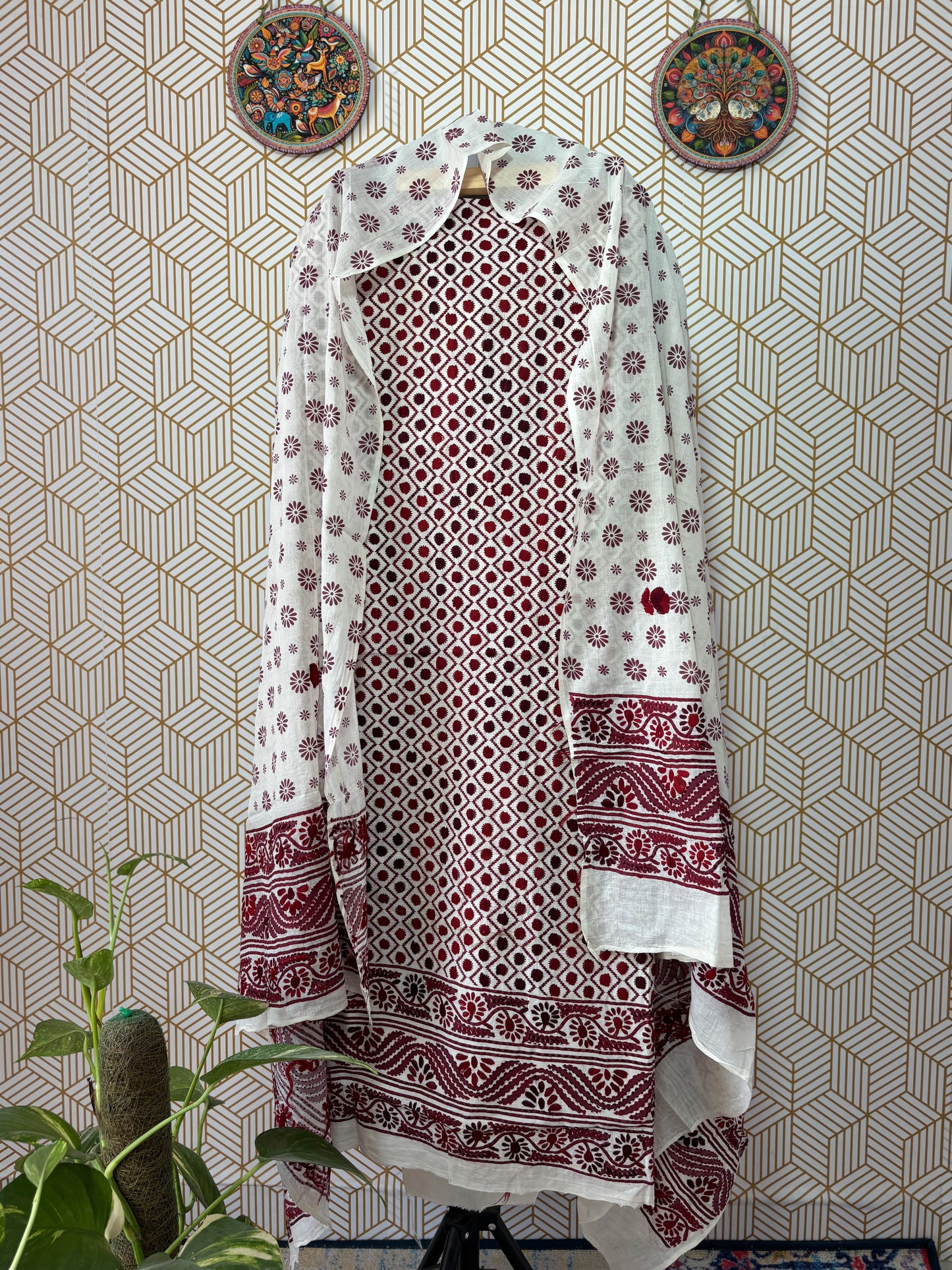 Hand Block Printed Pure Cotton Suit Set with Kantha Embroidery