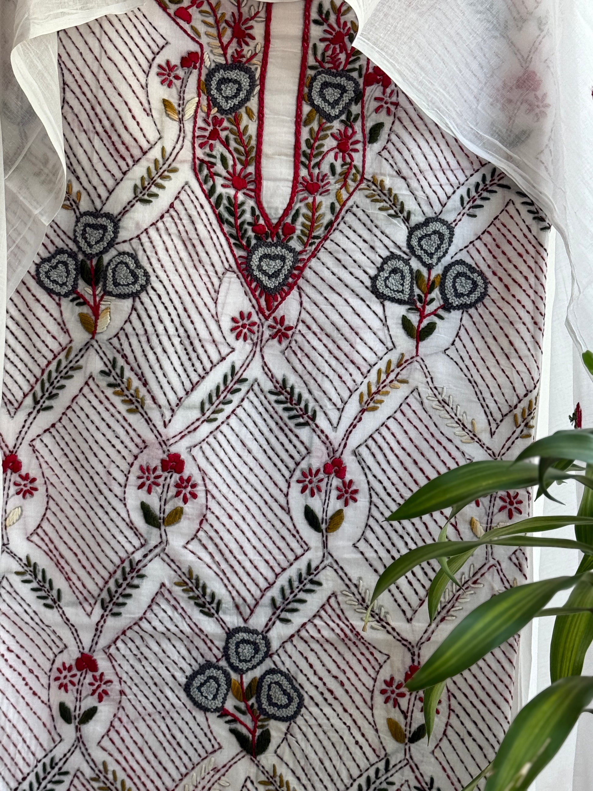 Article No.2 Handcrafted pure cotton suit set with Phulkari concept embroidery, Parsi work, Kantha and knot detailing with embroidered dupatta
