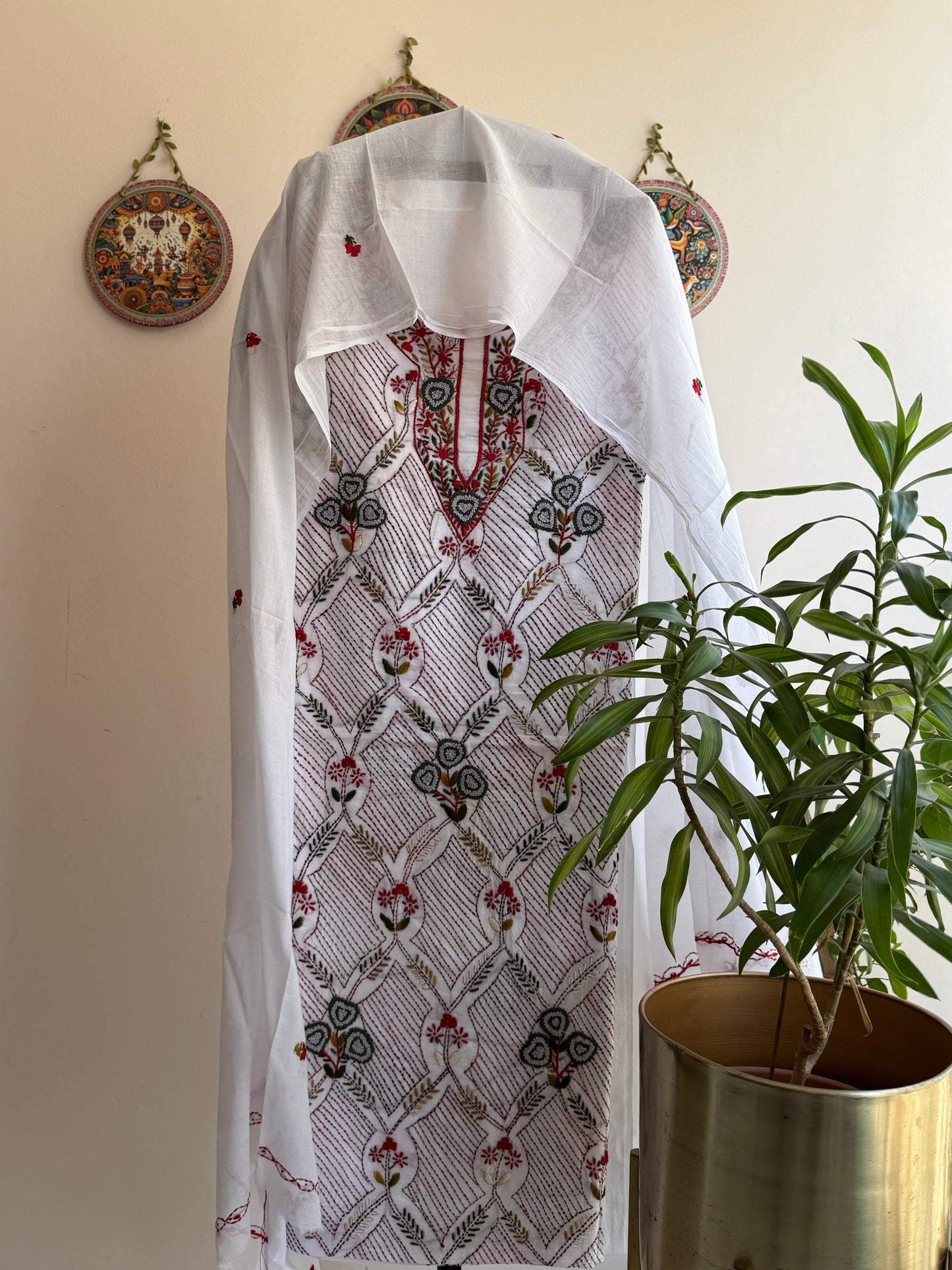 Article No. 2 Handcrafted pure cotton suit set with Phulkari concept embroidery, Parsi work, Kantha and knot detailing with embroidered dupatta