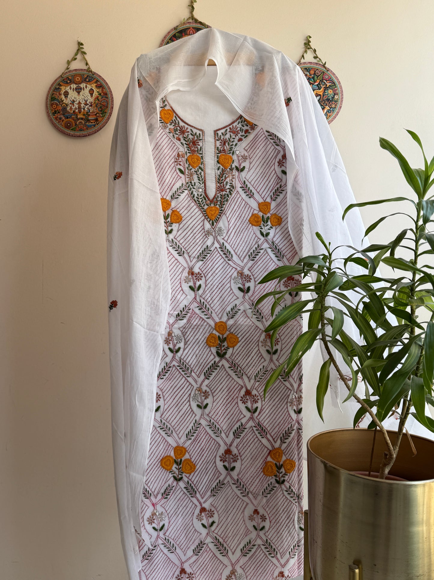 Article No. 3 Handcrafted pure cotton suit set with Phulkari concept embroidery, Parsi work, Kantha and knot detailing with embroidered dupatta
