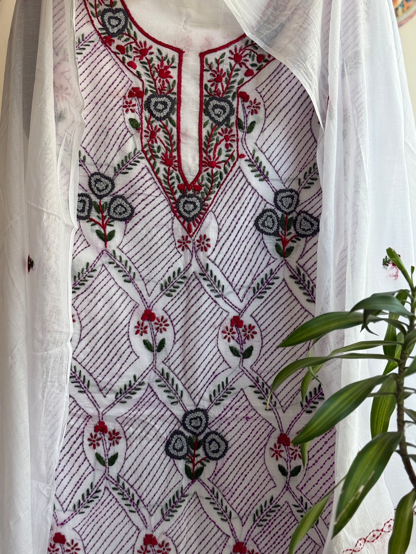 Article No. 4 Handcrafted pure cotton suit set with Phulkari concept embroidery, Parsi work, Kantha and knot detailing with embroidered dupatta