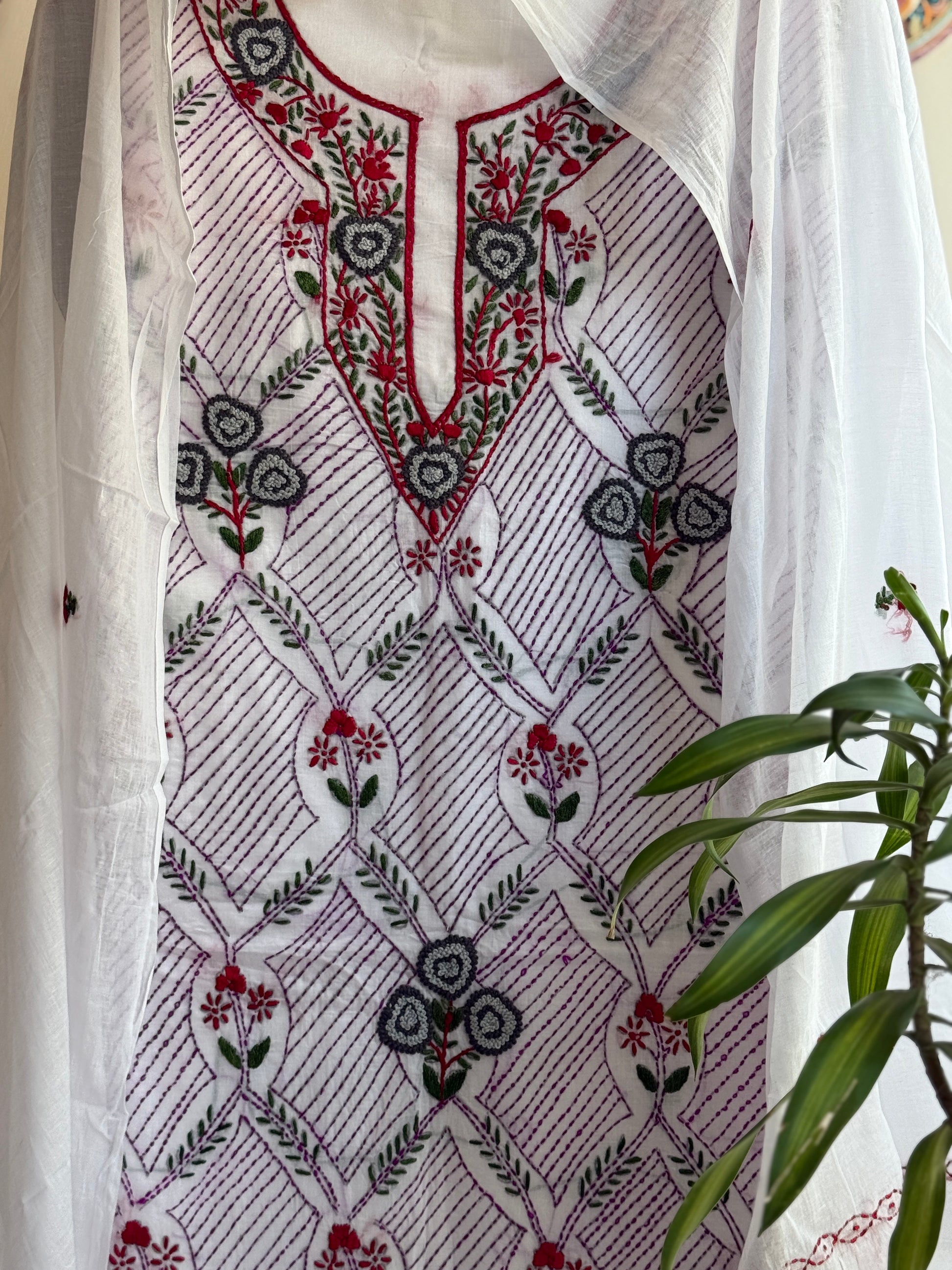 Article No. 4 Handcrafted pure cotton suit set with Phulkari concept embroidery, Parsi work, Kantha and knot detailing with embroidered dupatta