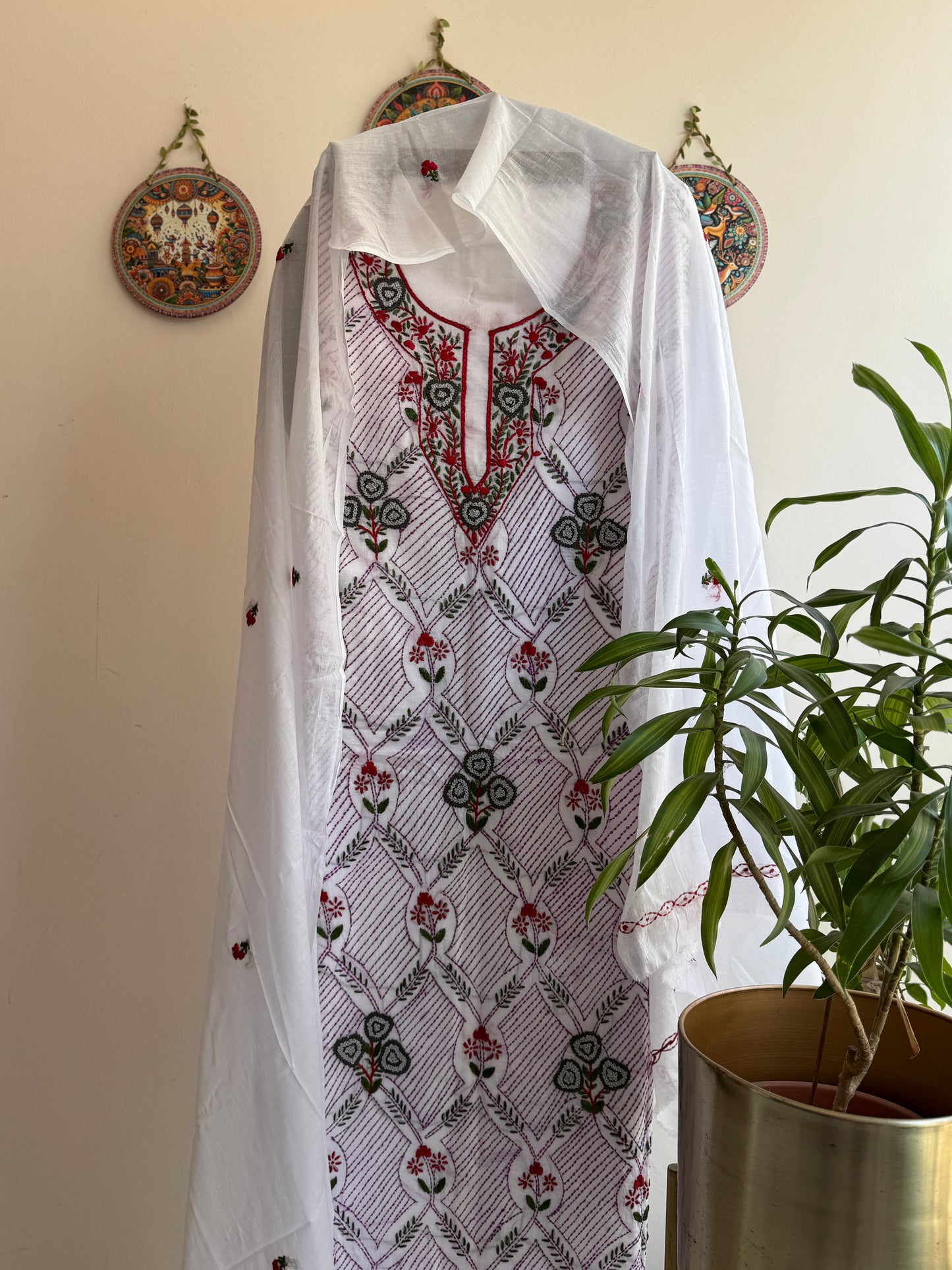 Article No. 4 Handcrafted pure cotton suit set with Phulkari concept embroidery, Parsi work, Kantha and knot detailing with embroidered dupatta
