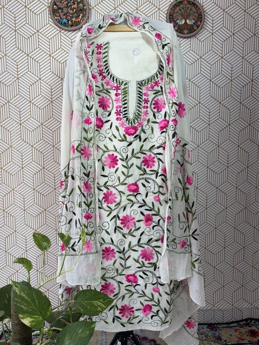 Phoolkari hand embroidered Suit Set- White Base with Single Color Flower
