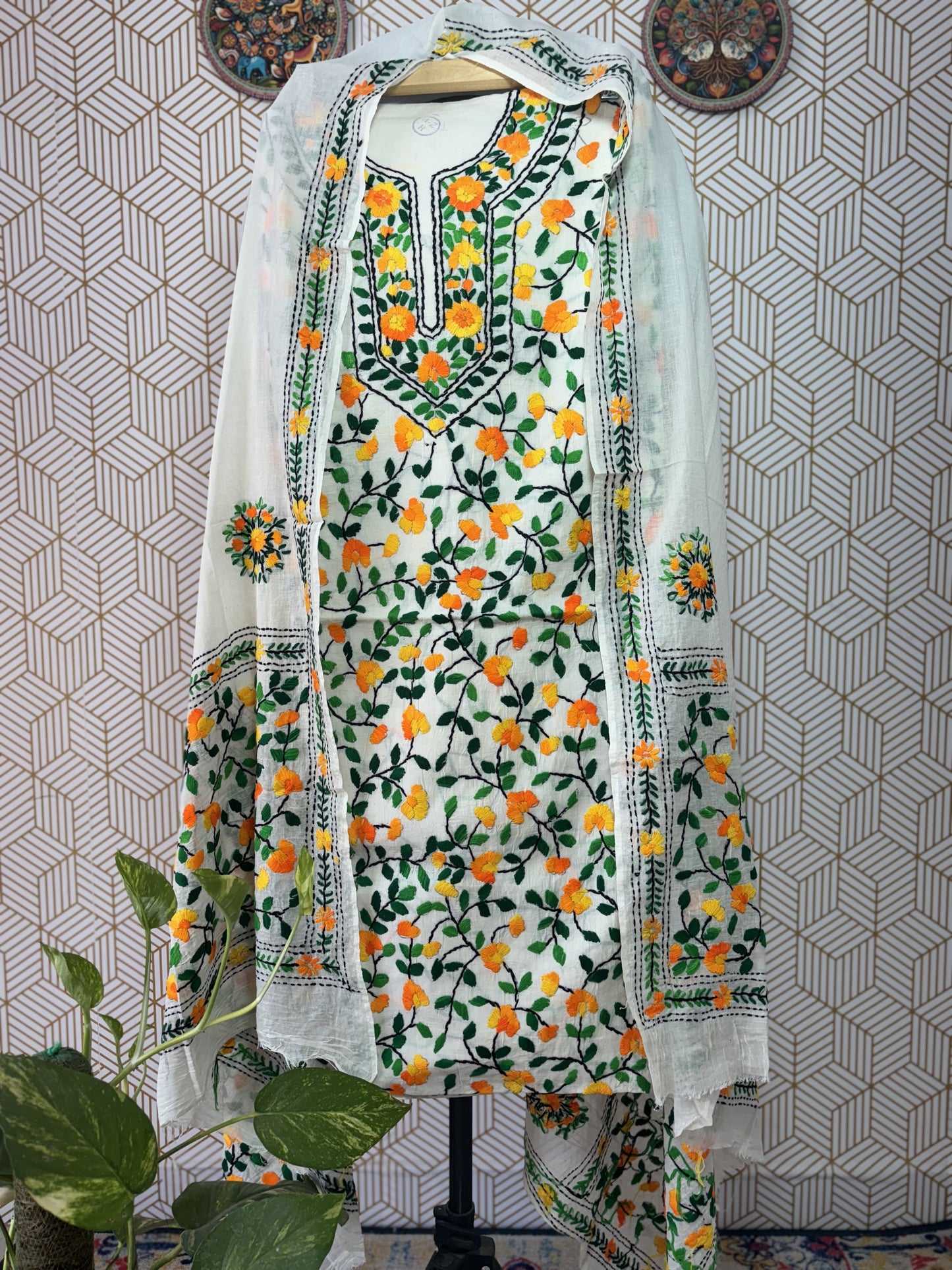 Phoolkari hand embroidered Suit Set- White Base with Single Color Flower