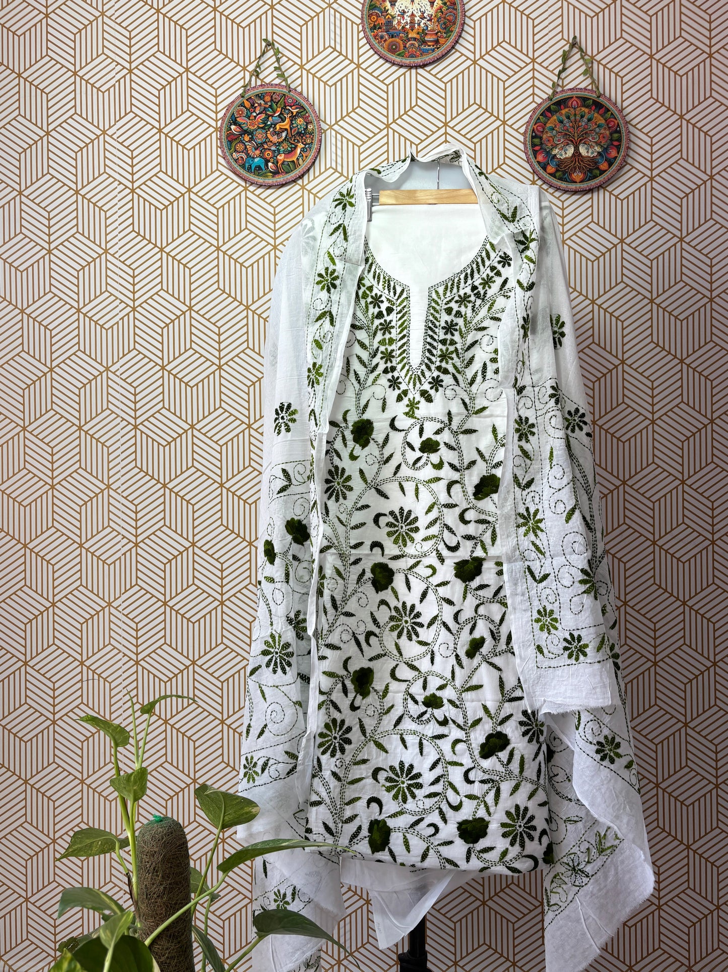 Phoolkari hand embroidered Suit Set- White Base with Single Color Flower
