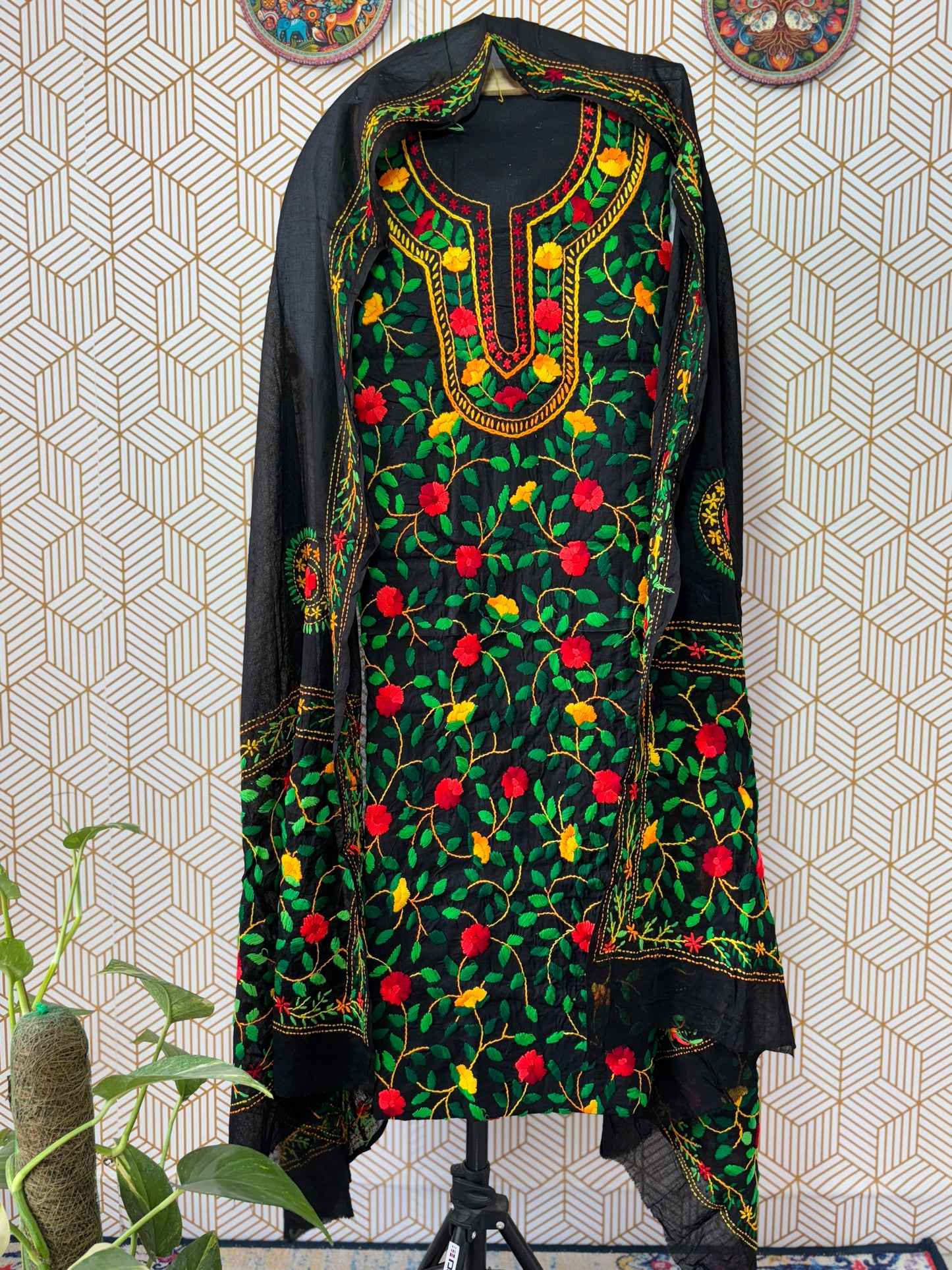 Phoolkari hand embroidered Suit Set- Black Base with Multi Color Flower