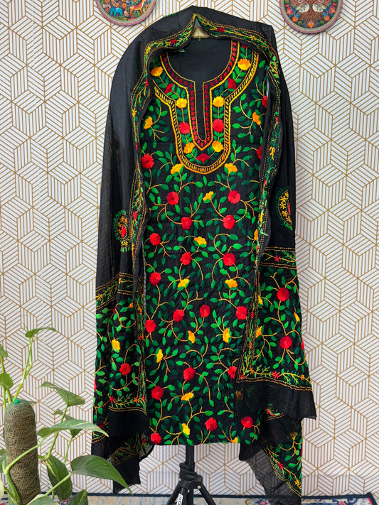 Phoolkari hand embroidered Suit Set- Black Base with Multi Color Flower