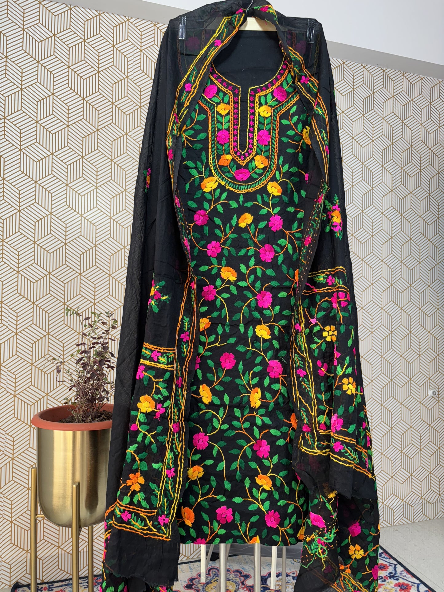 Phoolkari hand embroidered Suit Set- Black Base with Multi Color Flower