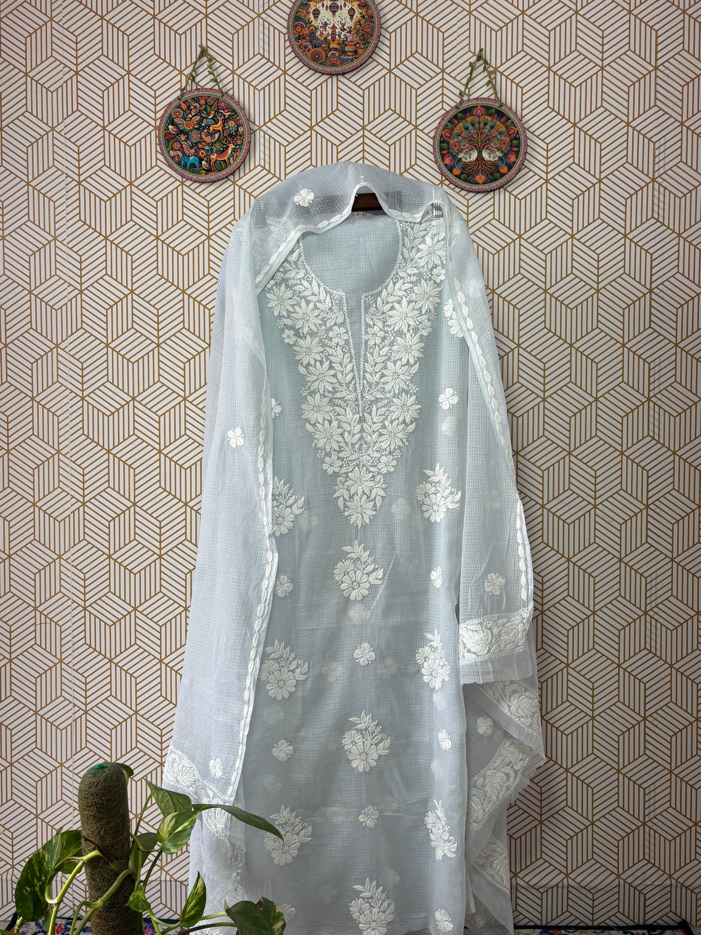 Lucknowi Chikankari thread work in Kota Doria- White Thread on colorful base