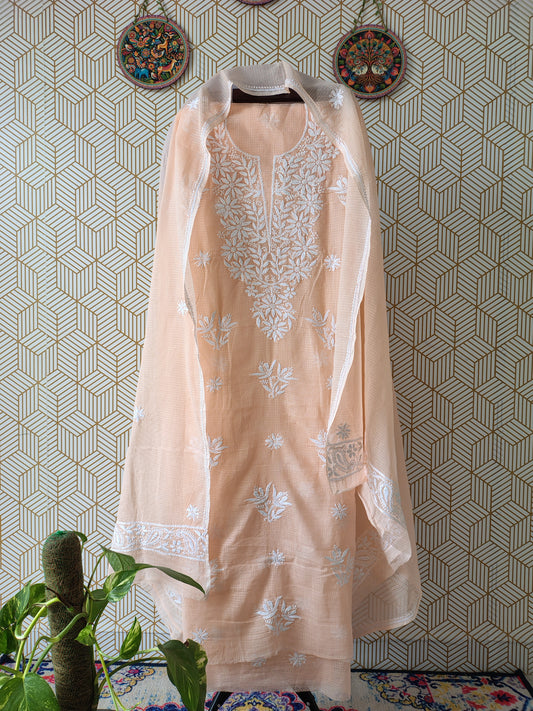 Lucknowi Chikankari thread work in Kota Doria- White Thread on colorful base