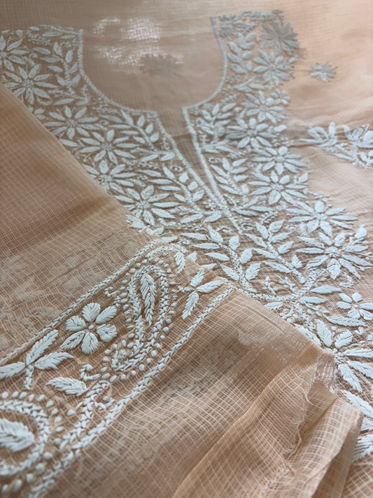 Lucknowi Chikankari thread work in Kota Doria- White Thread on colorful base