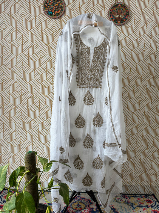 Lucknowi Chikankari thread work in Kota Doria- Colorful Thread on White Base