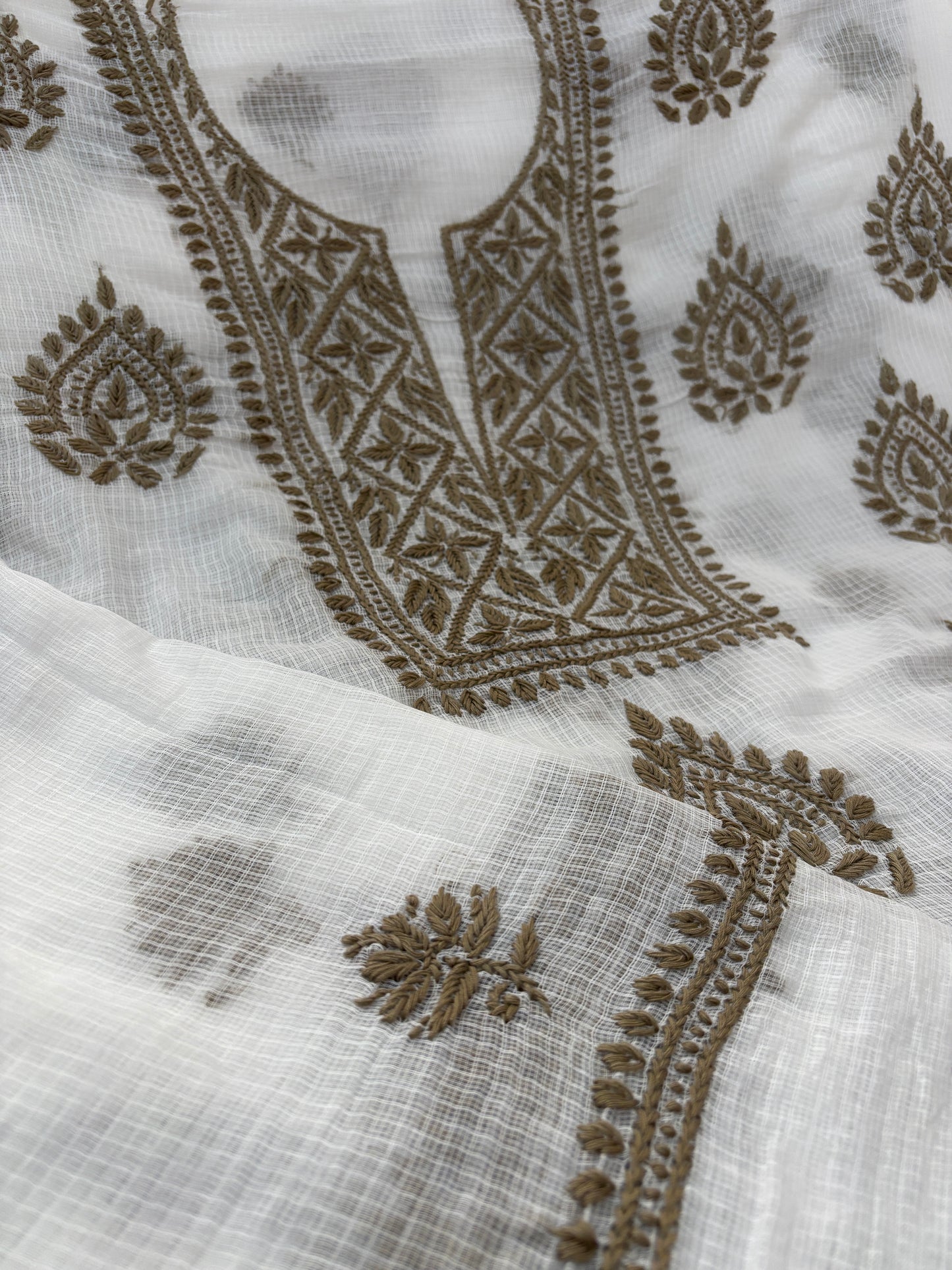Lucknowi Chikankari thread work in Kota Doria- Colorful Thread on White Base