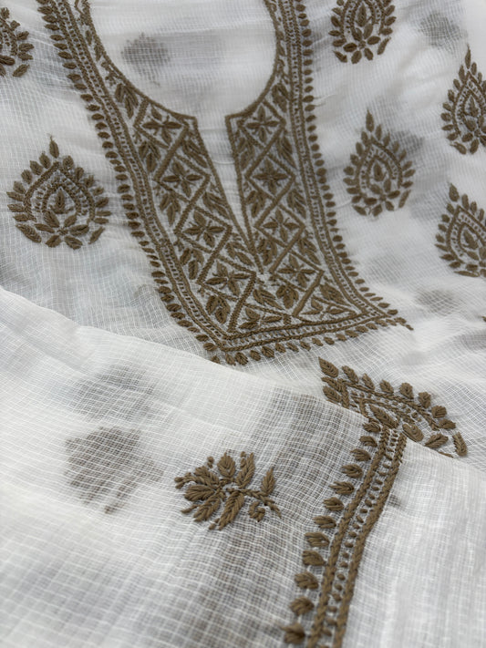 Lucknowi Chikankari thread work in Kota Doria- Colorful Thread on White Base