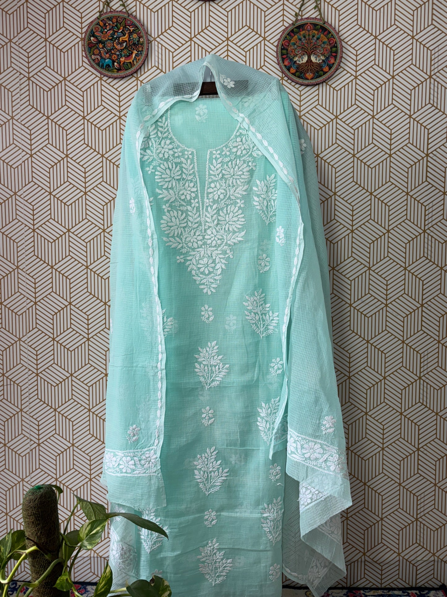 Lucknowi Chikankari thread work in Kota Doria- White Thread on colorful base