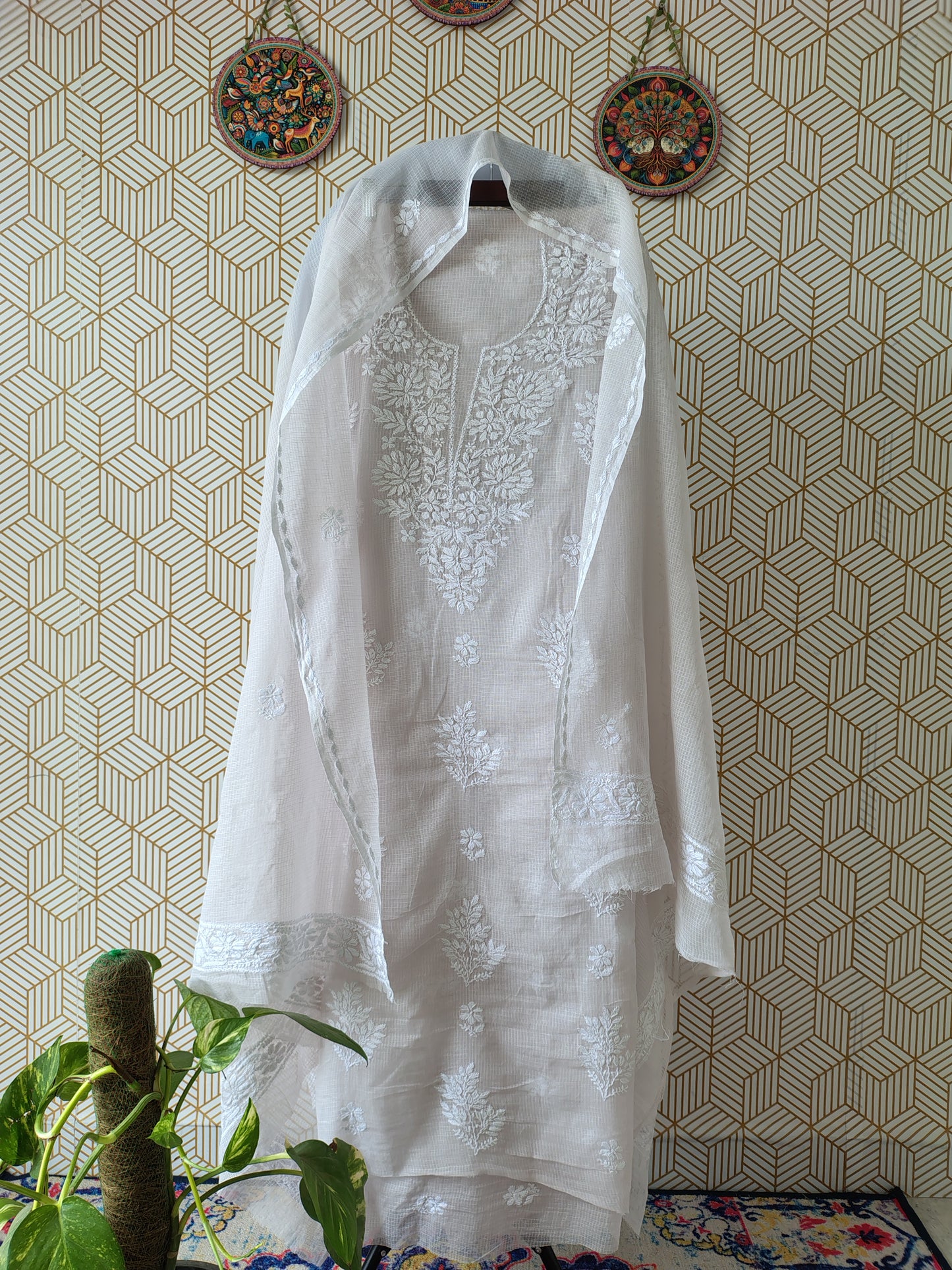 Lucknowi Chikankari thread work in Kota Doria- White Thread on colorful base