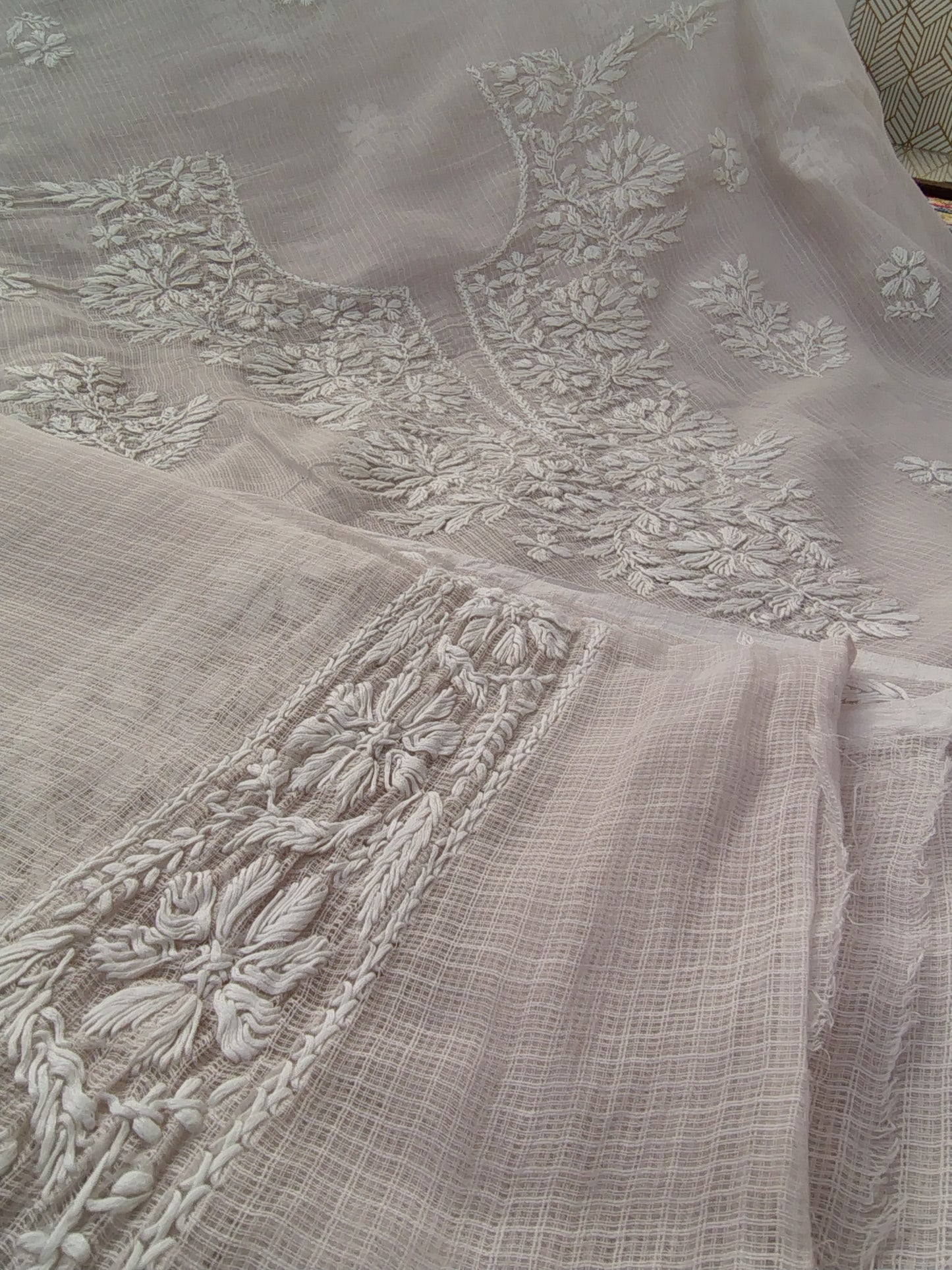 Lucknowi Chikankari thread work in Kota Doria- White Thread on colorful base