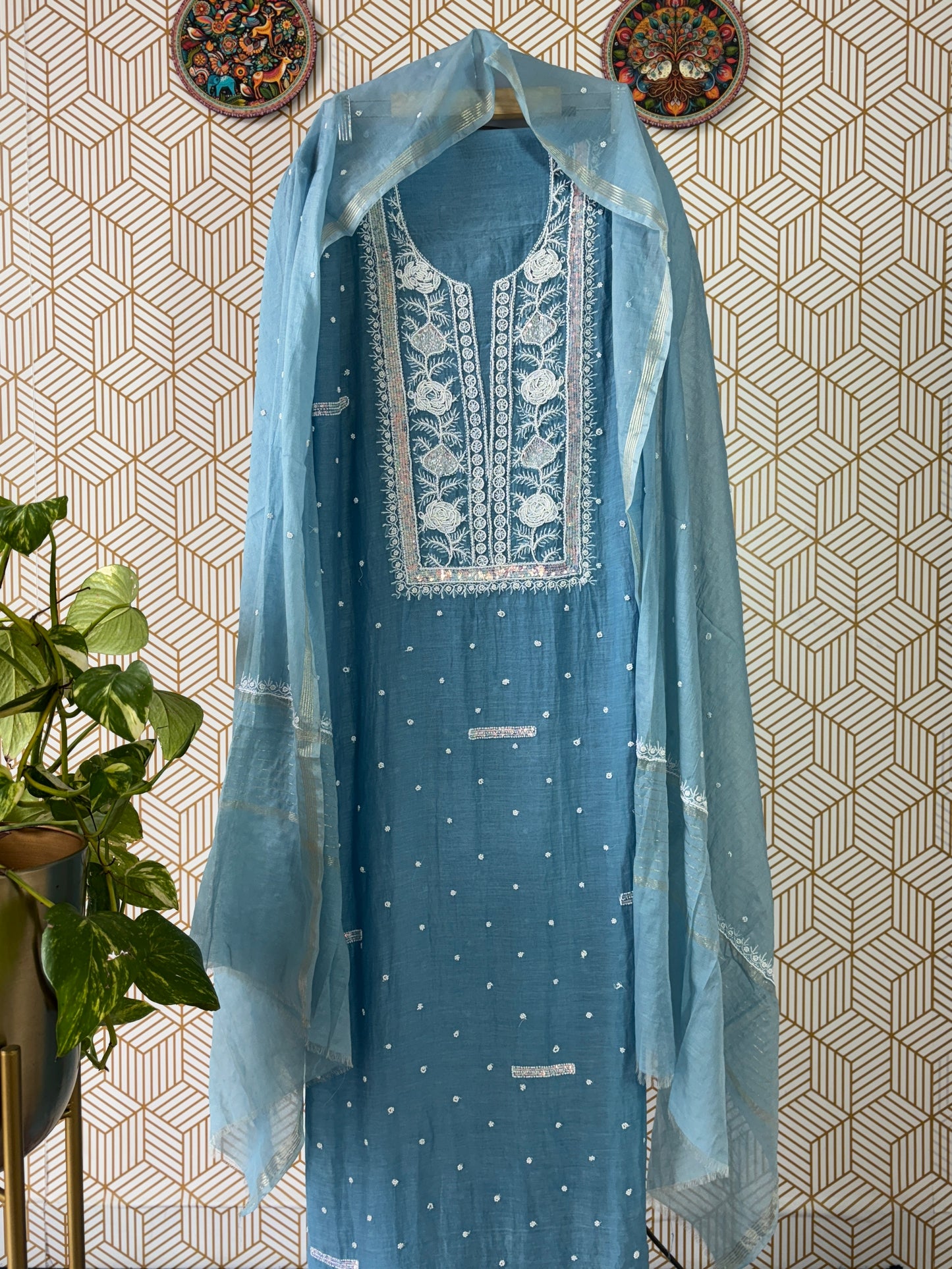 Lucknowi Chikankari Thread Work in Mul Chanderi add on Pearl Work