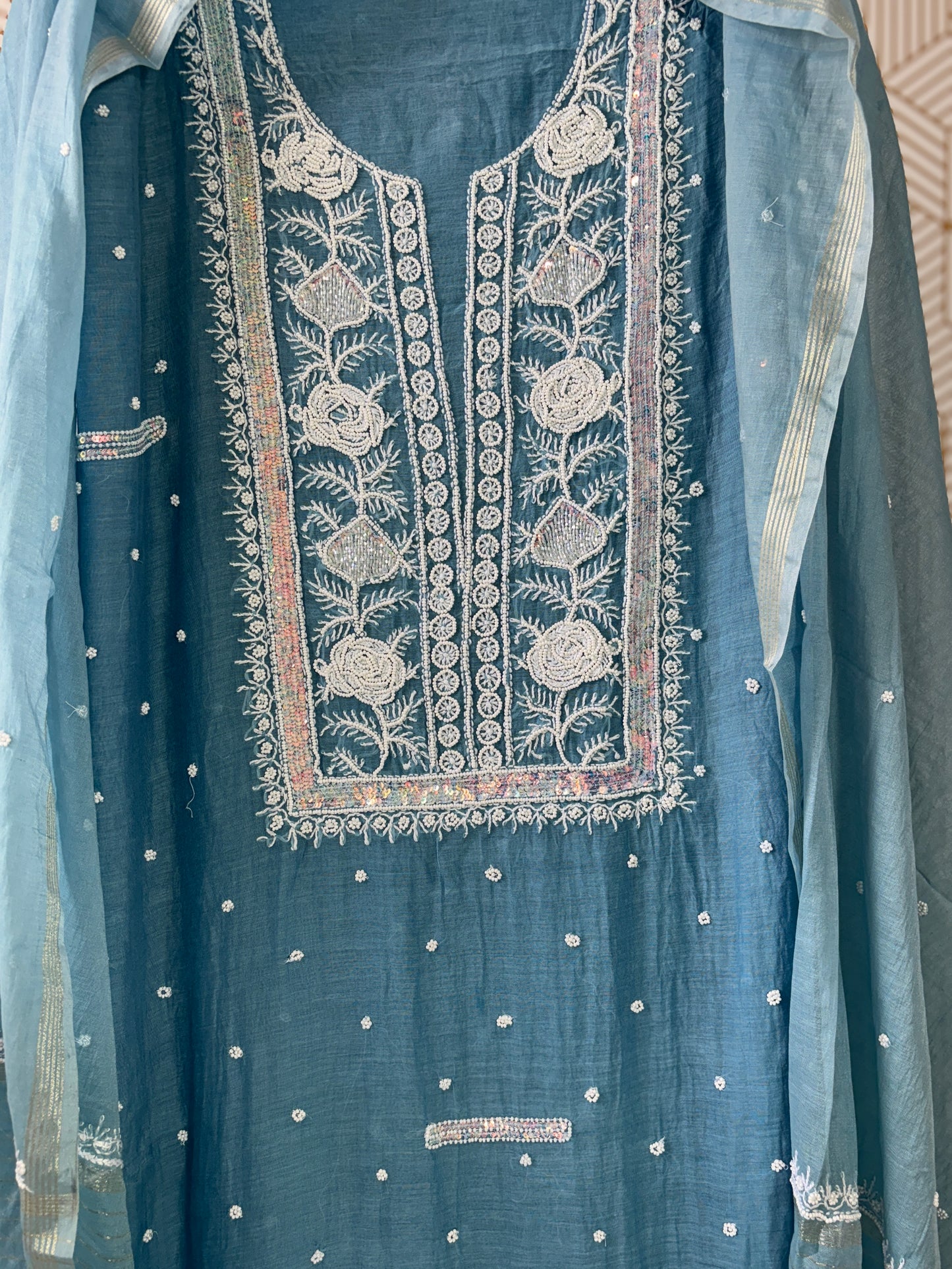 Lucknowi Chikankari Thread Work in Mul Chanderi add on Pearl Work