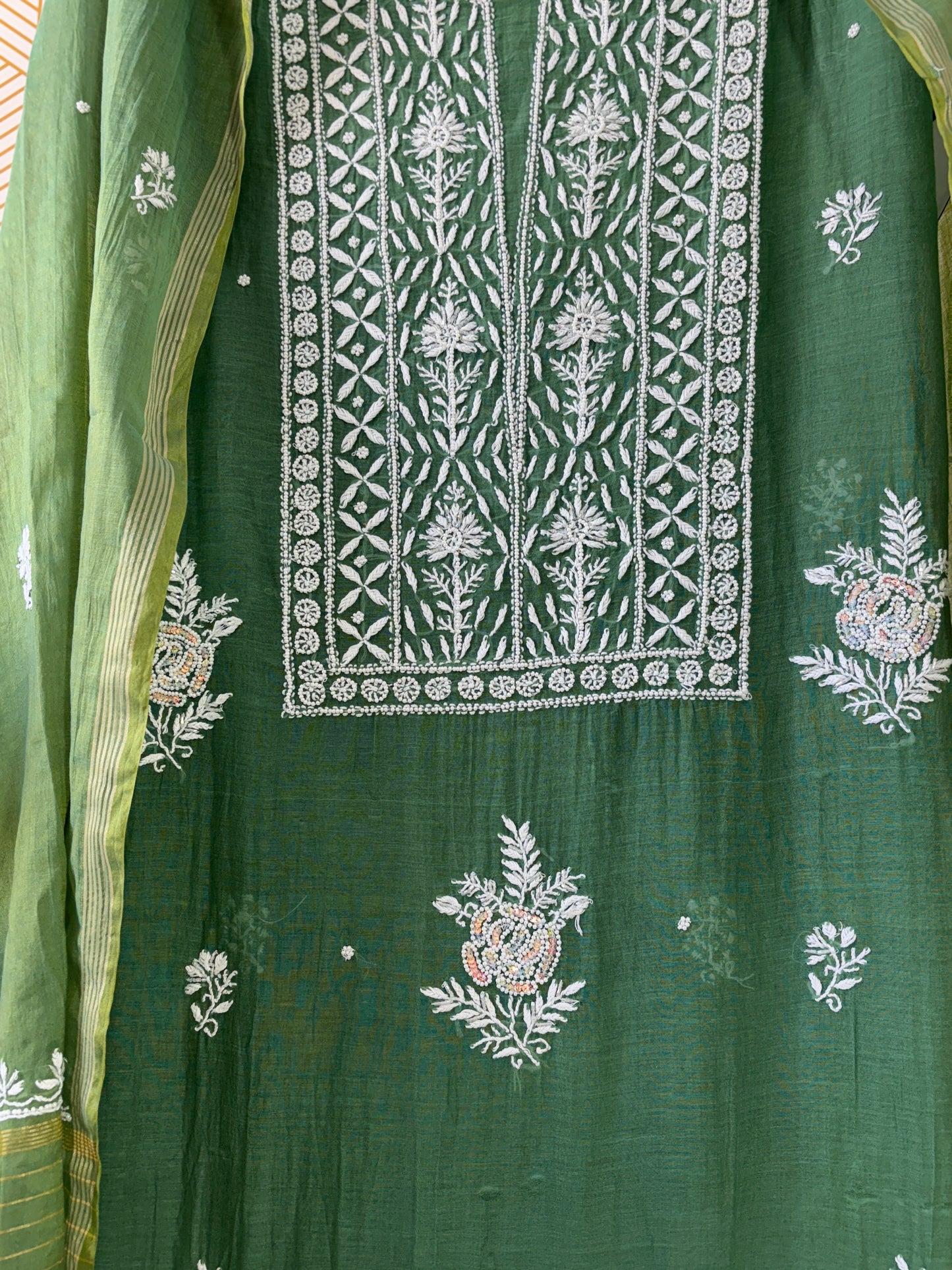 Lucknowi Chikankari Thread Work and Boota Work in Mul Chanderi add on Pearl Work and Cut Dana