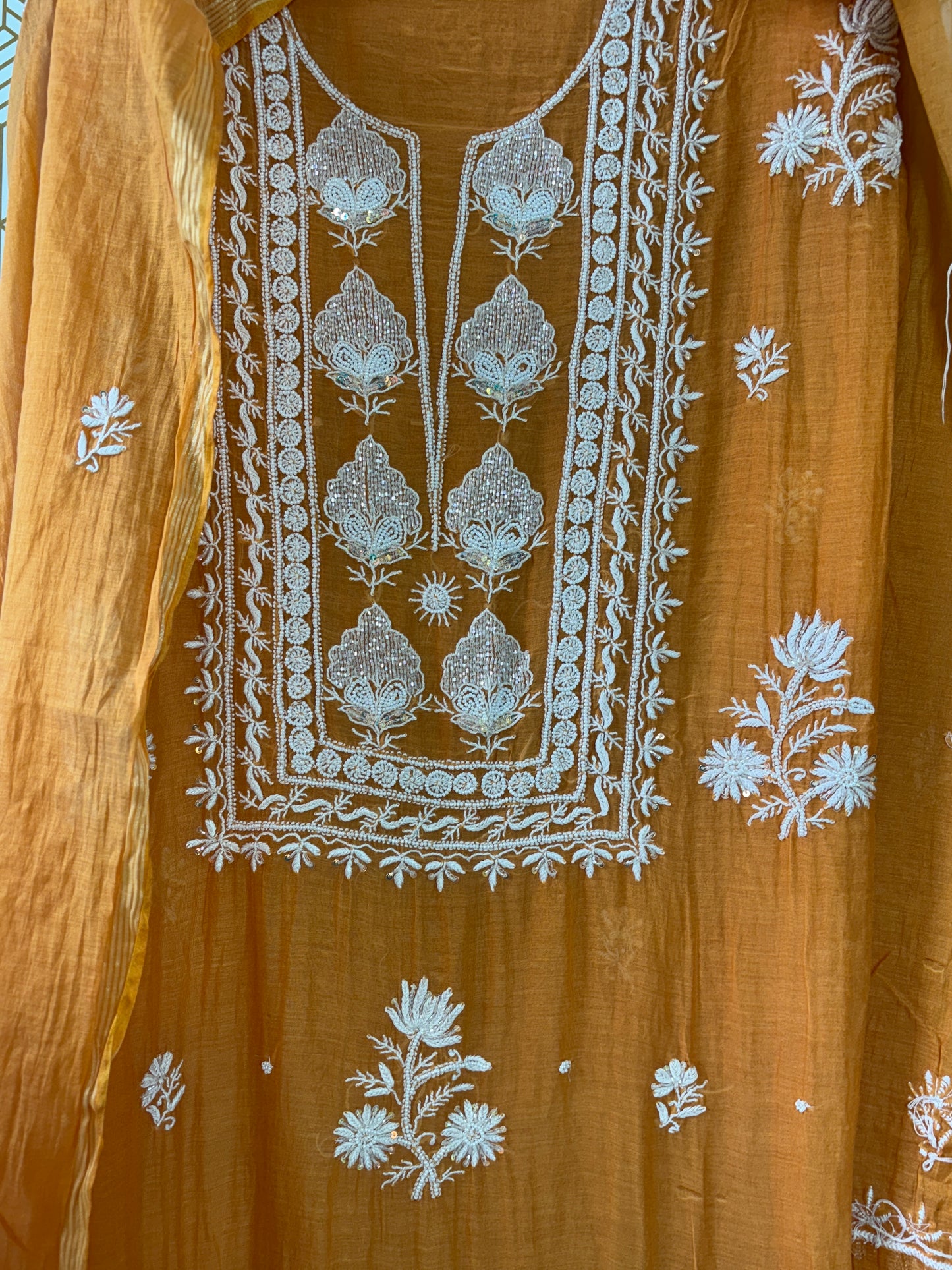 Lucknowi Chikankari Thread Work and Boota Work in Mul Chanderi add on Pearl Work and Cut Dana