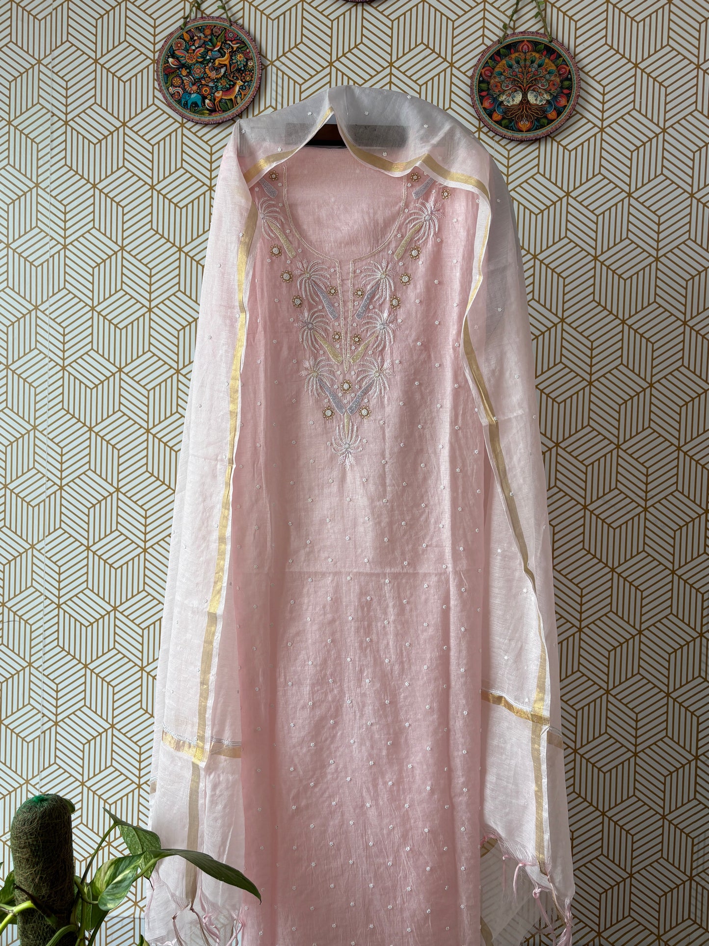 Lucknowi Chikankari Thread Work in Mul Chanderi add on Pearl Work and Cut Dana