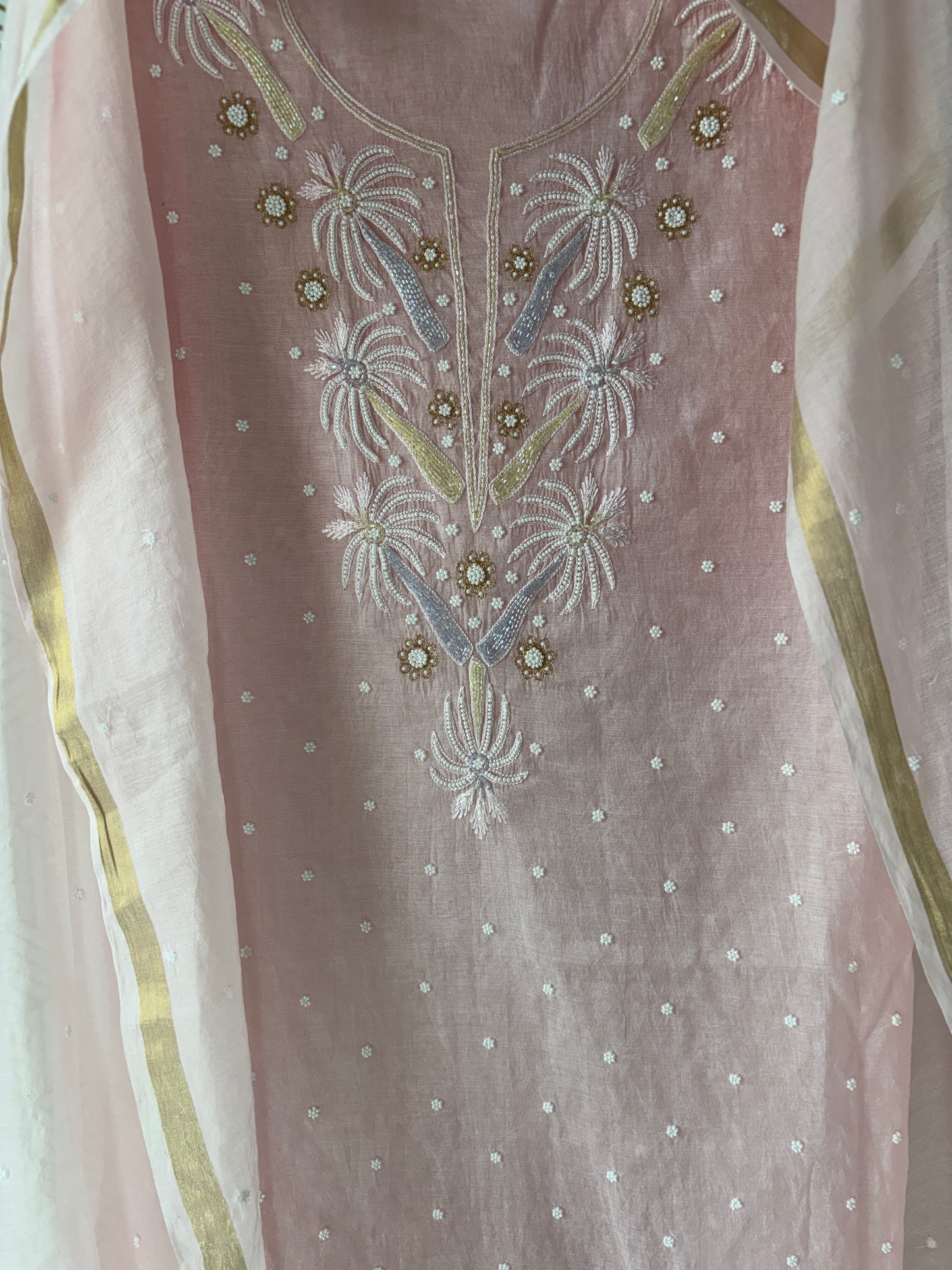 Lucknowi Chikankari Thread Work in Mul Chanderi add on Pearl Work and Cut Dana