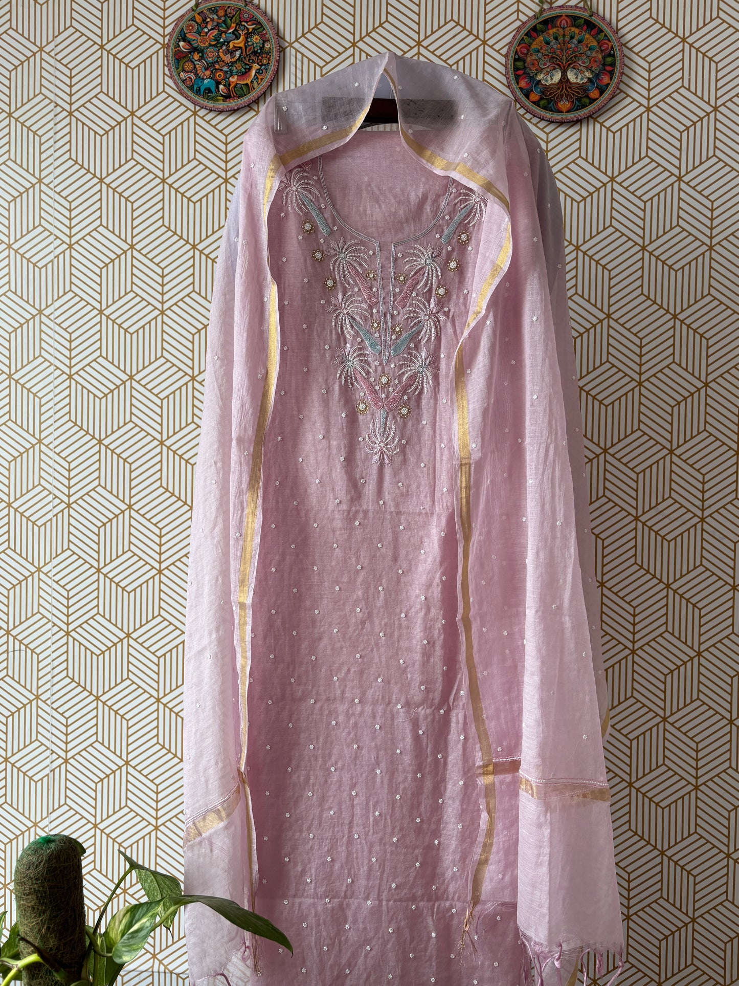 Lucknowi Chikankari Thread Work in Mul Chanderi add on Pearl Work and Cut Dana