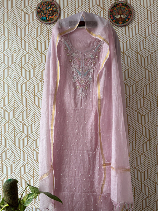 Lucknowi Chikankari Thread Work in Mul Chanderi add on Pearl Work and Cut Dana