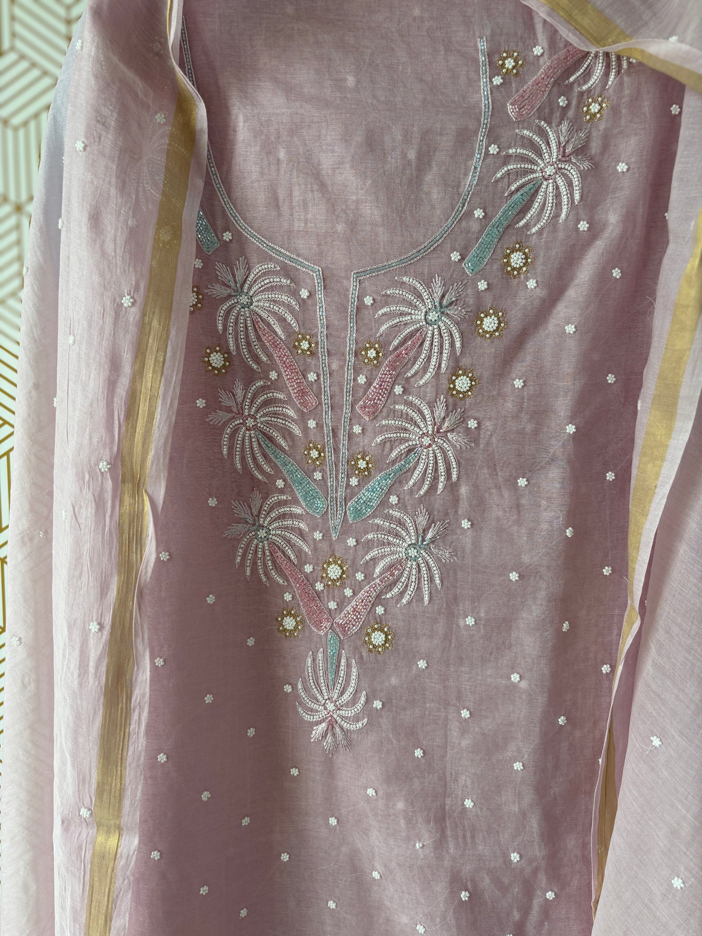 Lucknowi Chikankari Thread Work in Mul Chanderi add on Pearl Work and Cut Dana