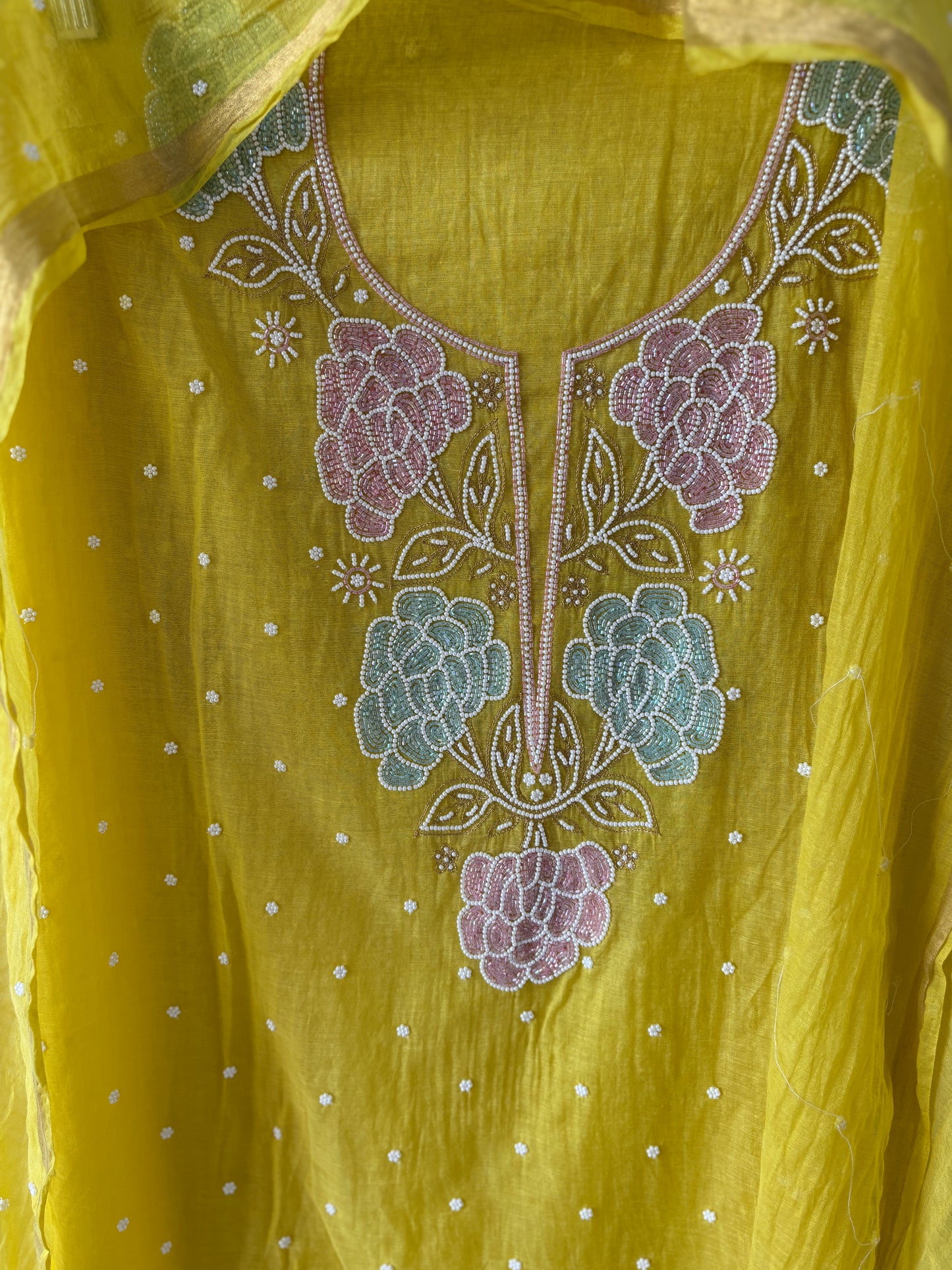 Lucknowi Chikankari Thread Work in Mul Chanderi add on Pearl Work and Cut Dana
