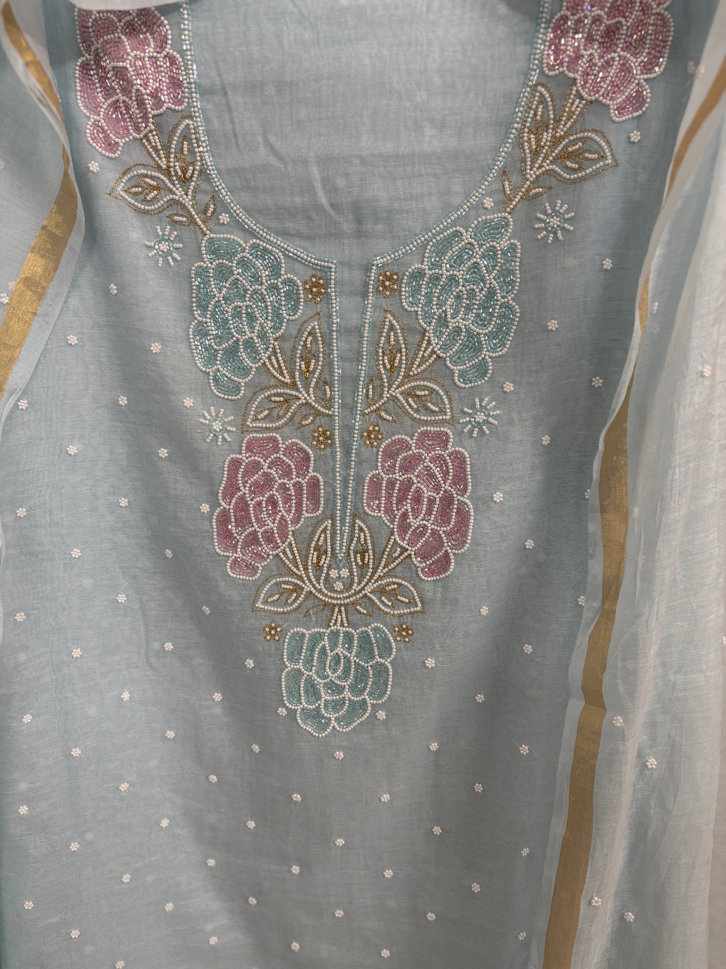 Lucknowi Chikankari Thread Work in Mul Chanderi add on Pearl Work and Cut Dana
