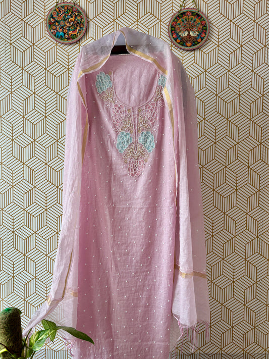 Lucknowi Chikankari Thread Work in Mul Chanderi add on Pearl Work and Cut Dana