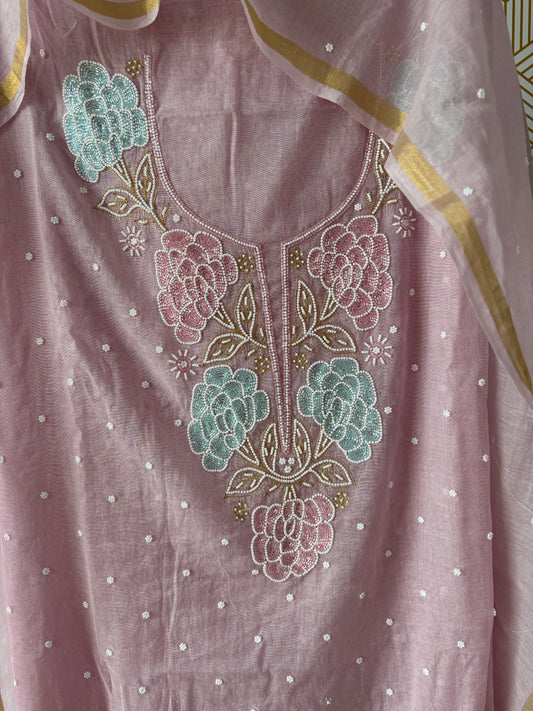 Lucknowi Chikankari Thread Work in Mul Chanderi add on Pearl Work and Cut Dana