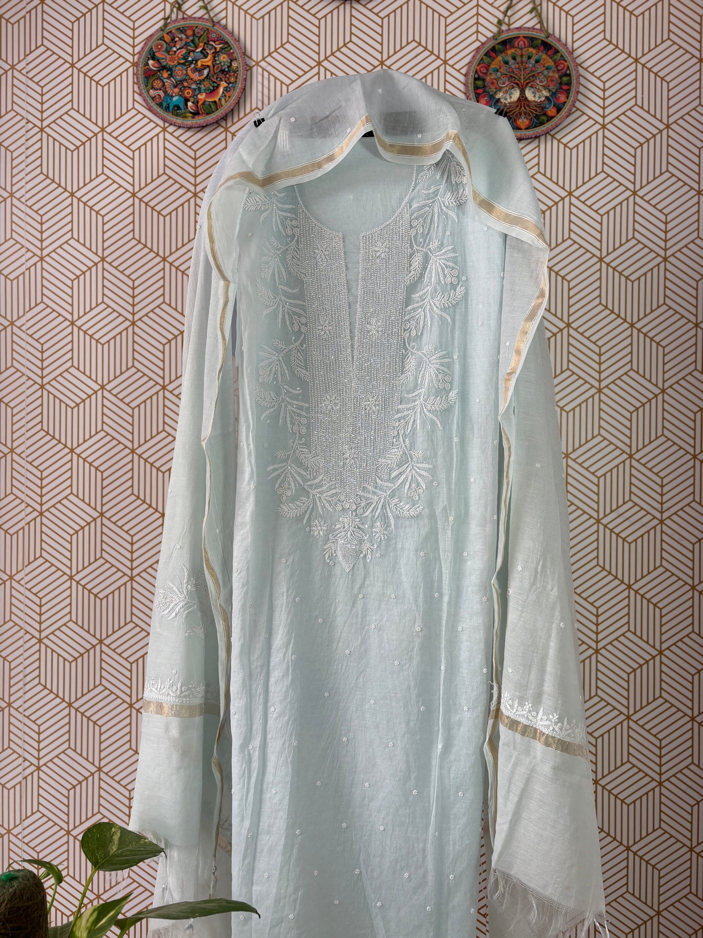 Lucknowi Chikankari Thread Work in Mul Chanderi add on Pearl Work and Cut Dana