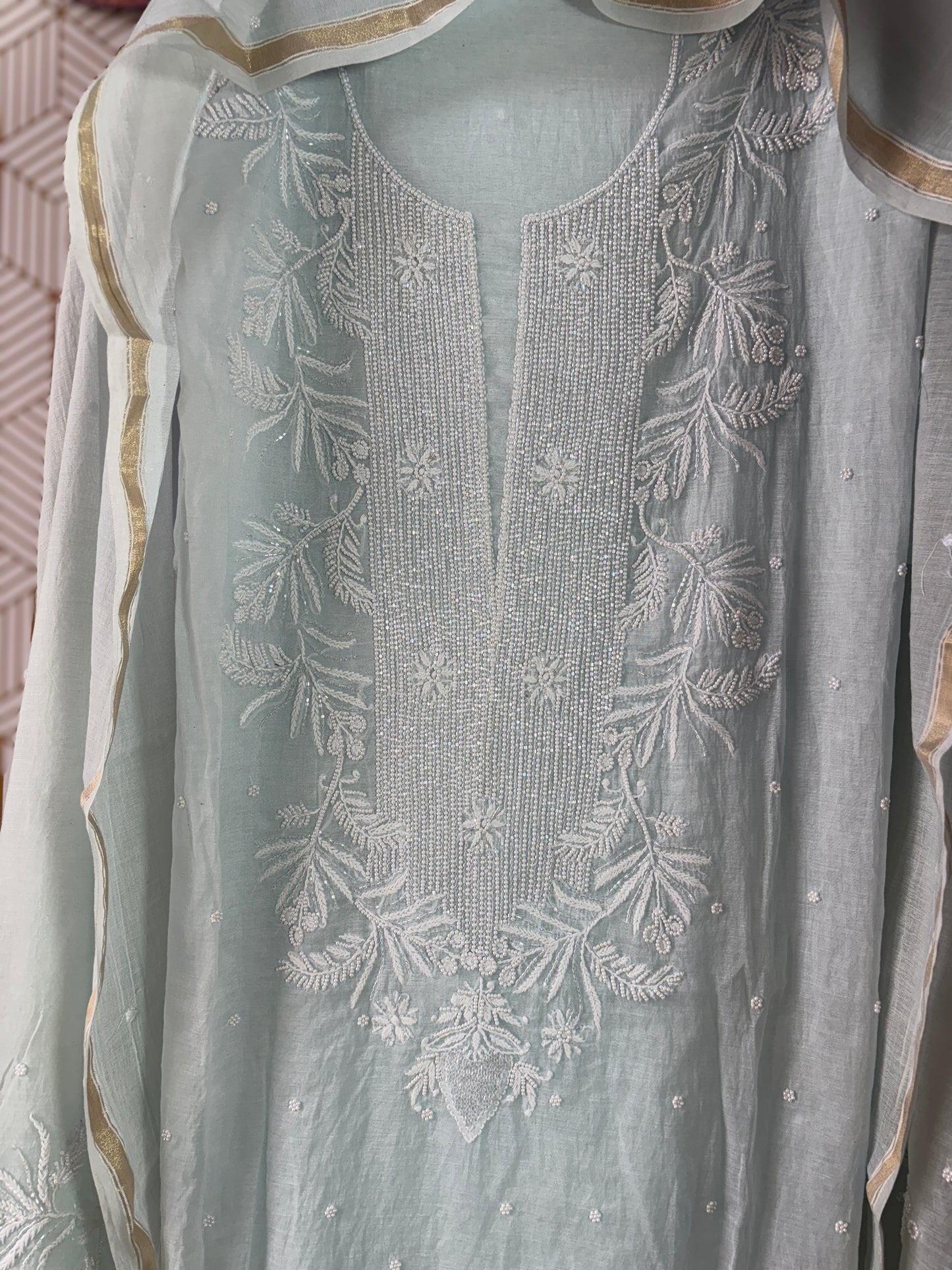 Lucknowi Chikankari Thread Work in Mul Chanderi add on Pearl Work and Cut Dana