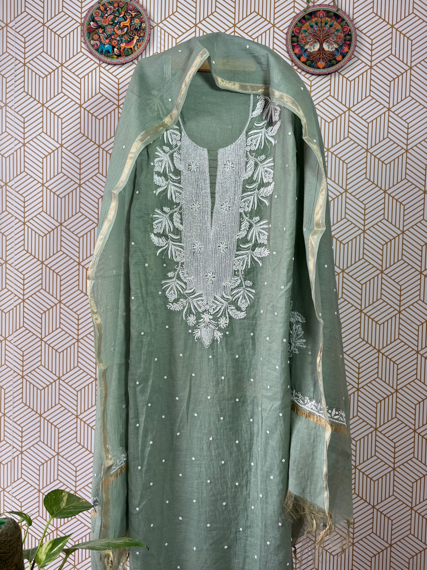 Lucknowi Chikankari Thread Work in Mul Chanderi add on Pearl Work and Cut Dana