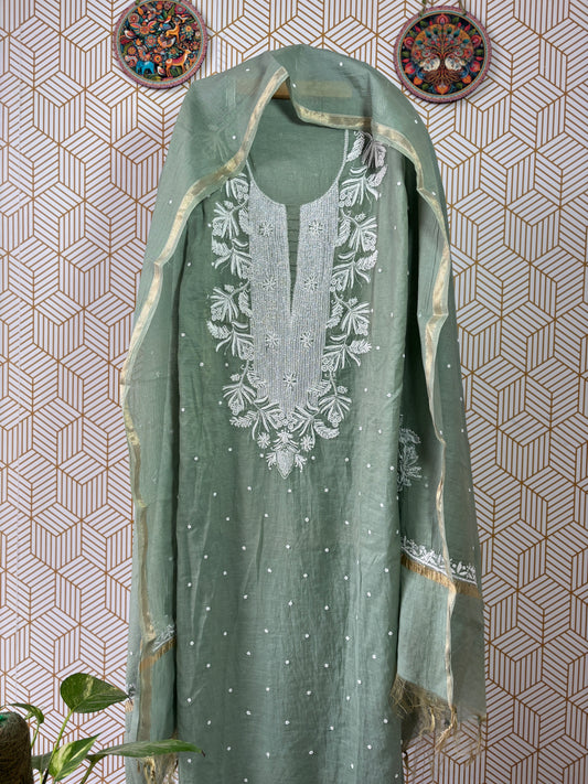 Lucknowi Chikankari Thread Work in Mul Chanderi add on Pearl Work and Cut Dana