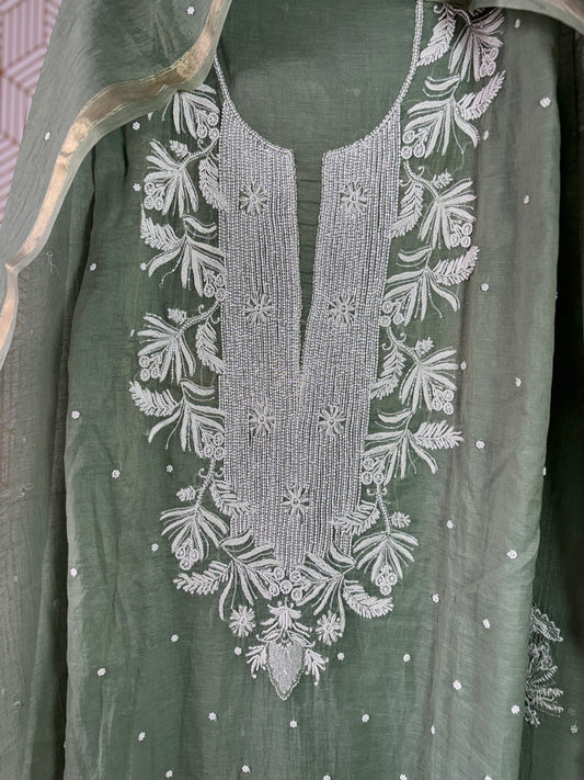 Lucknowi Chikankari Thread Work in Mul Chanderi add on Pearl Work and Cut Dana