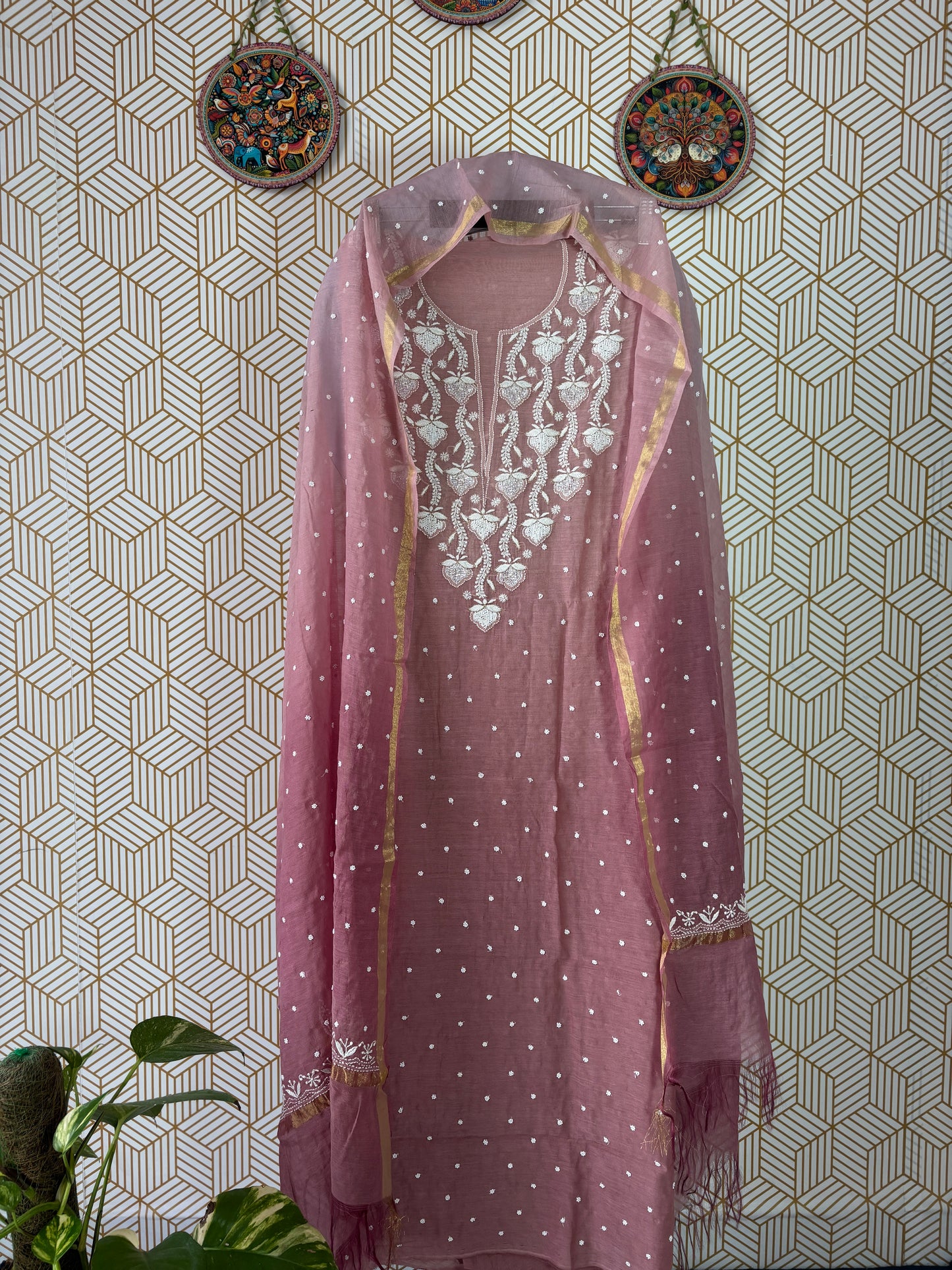 Lucknowi Chikankari Thread Work in Mul Chanderi add on Pearl Work and Cut Dana