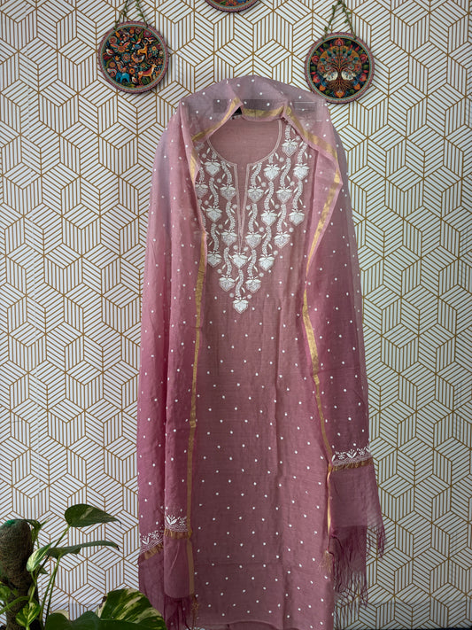Lucknowi Chikankari Thread Work in Mul Chanderi add on Pearl Work and Cut Dana