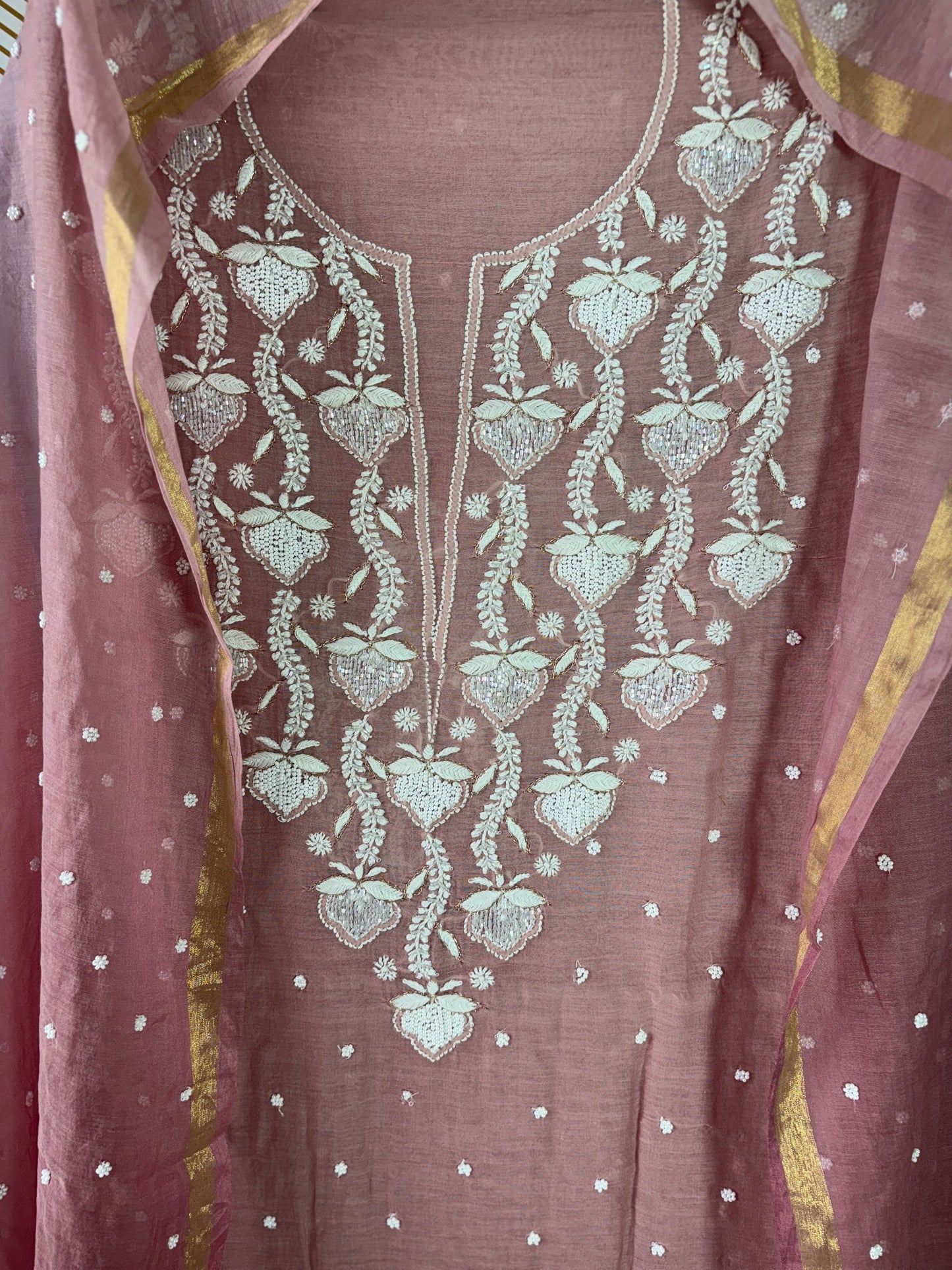 Lucknowi Chikankari Thread Work in Mul Chanderi add on Pearl Work and Cut Dana