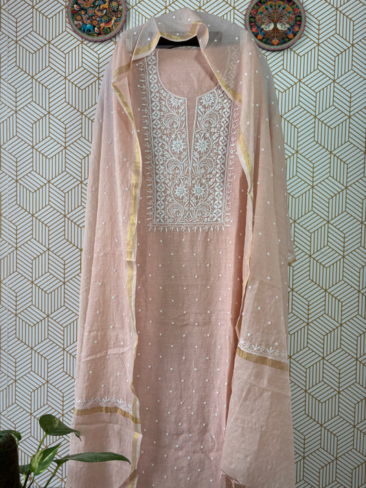 Lucknowi Chikankari Thread Work in Mul Chanderi add on Pearl Work