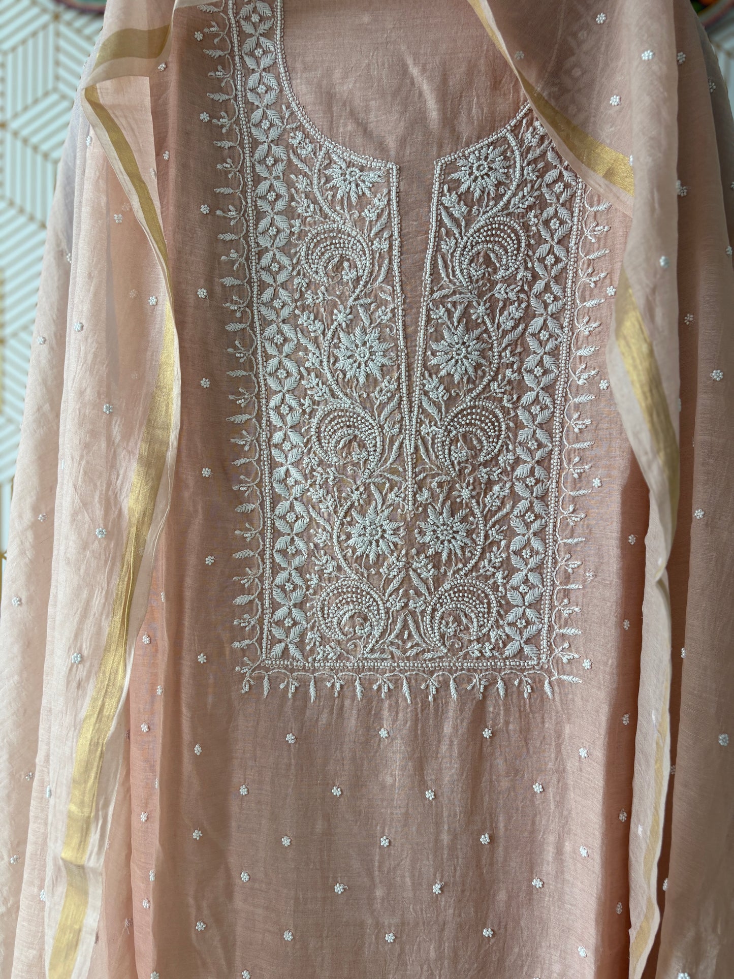 Lucknowi Chikankari Thread Work in Mul Chanderi add on Pearl Work and Cut Dana