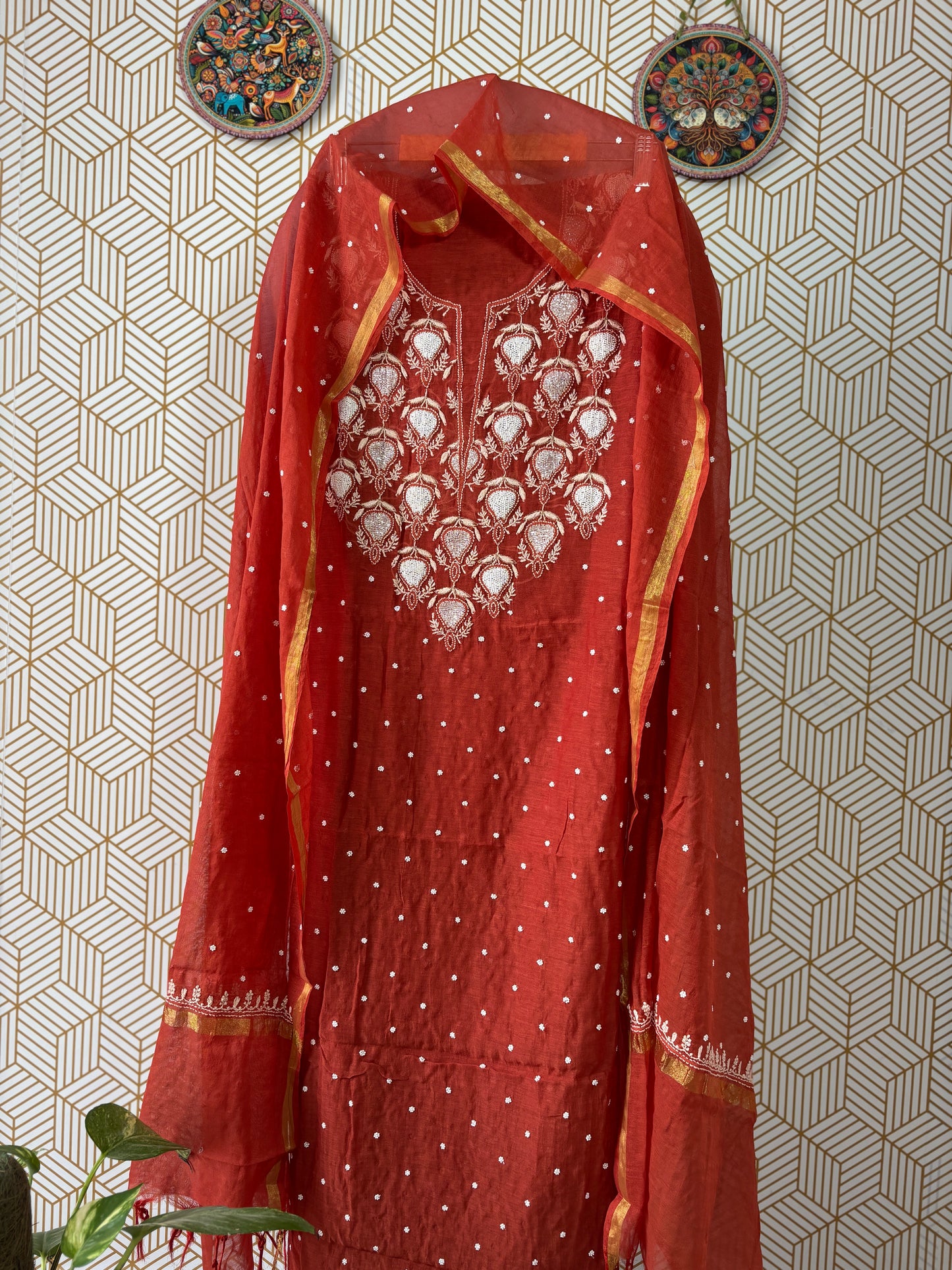 Lucknowi Chikankari Thread Work in Mul Chanderi add on Pearl Work and Cut Dana