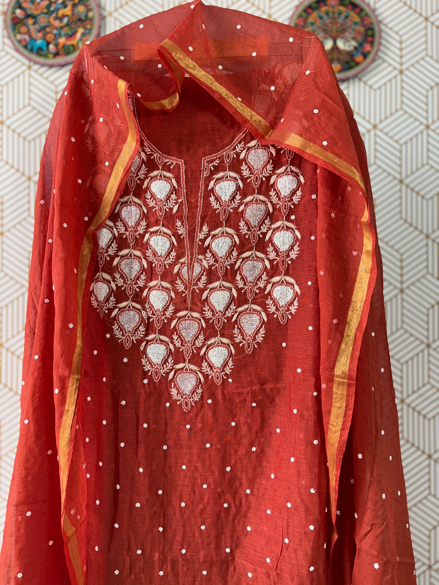 Lucknowi Chikankari Thread Work in Mul Chanderi add on Pearl Work and Cut Dana