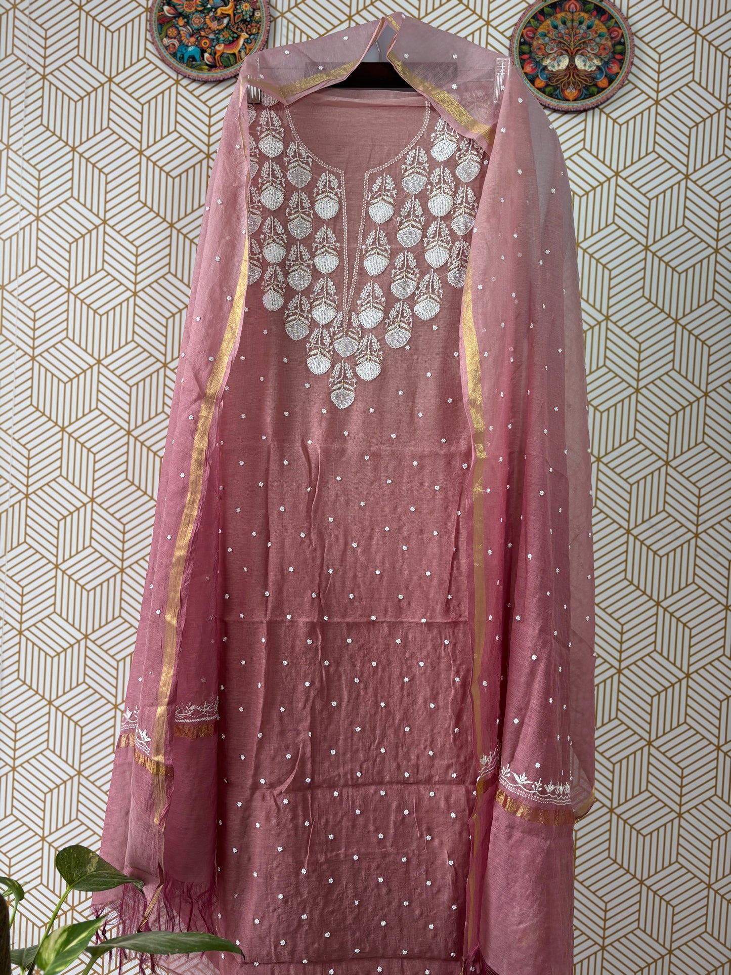 Lucknowi Chikankari Thread Work in Mul Chanderi add on Pearl Work and Cut Dana