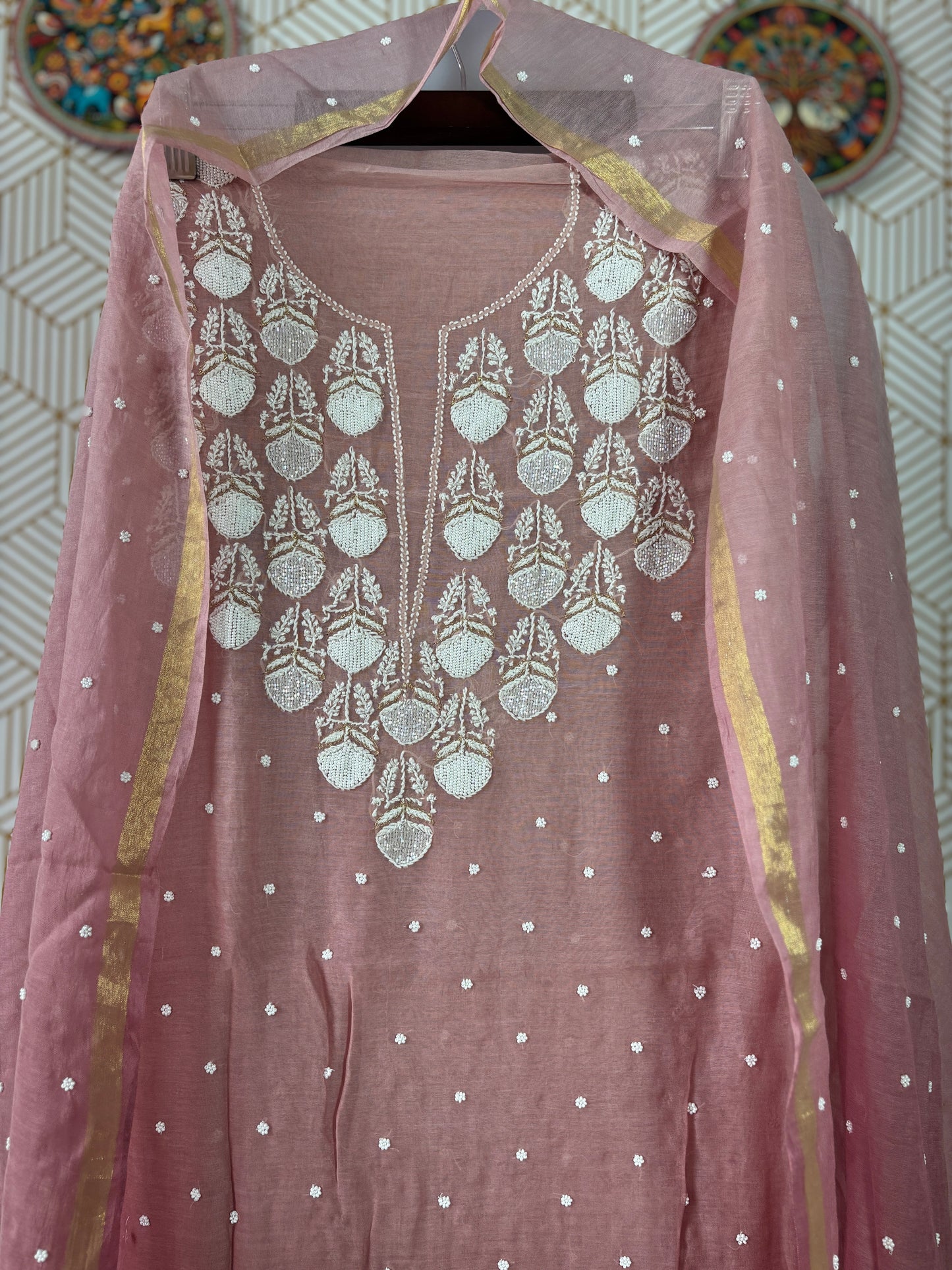 Lucknowi Chikankari Thread Work in Mul Chanderi add on Pearl Work and Cut Dana